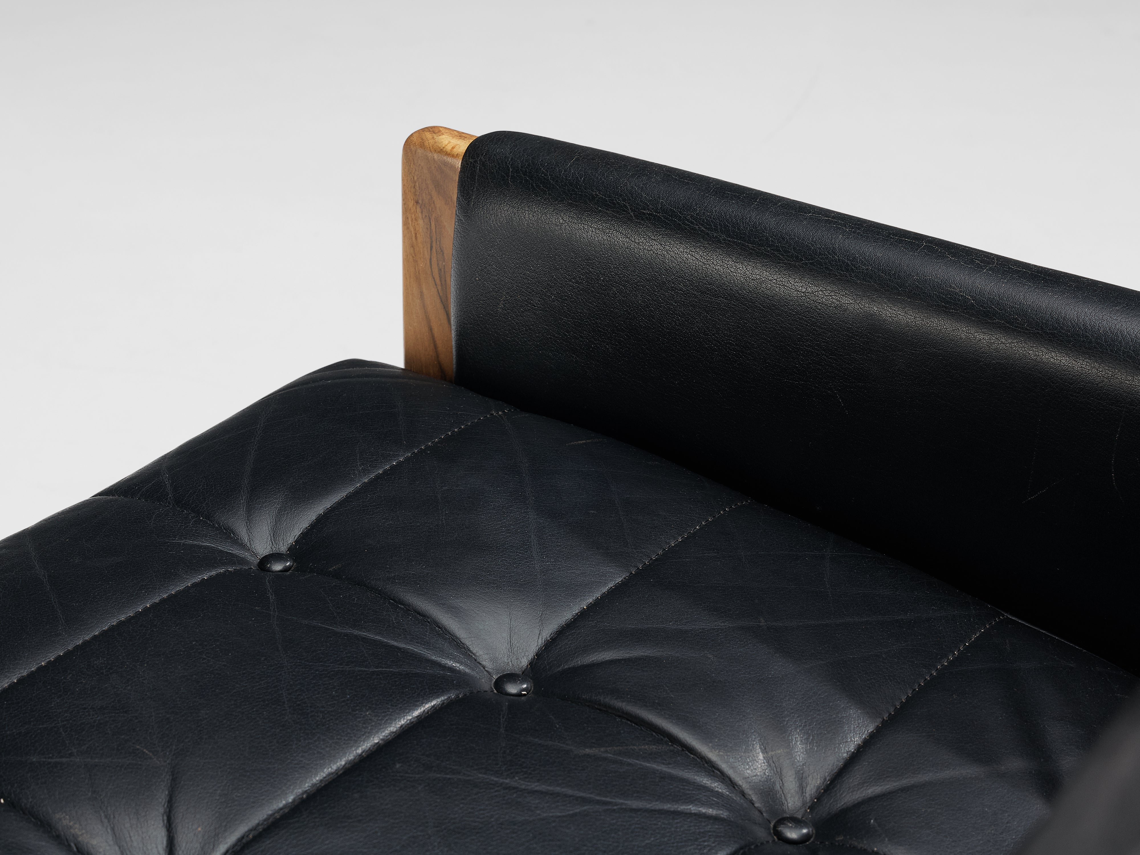 Italian Lounge Chairs in Black Leather and Stained Walnut seating Morentz