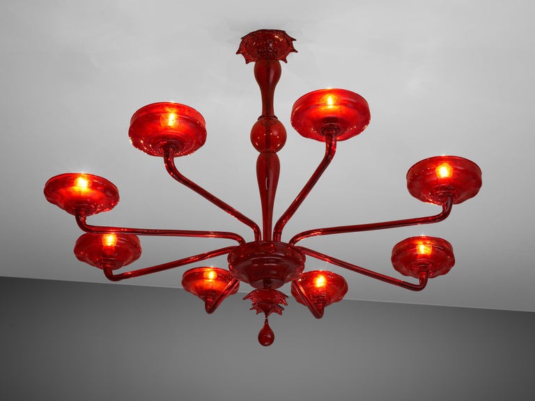 Large Hand Blown Chandelier in Red Murano Glass
