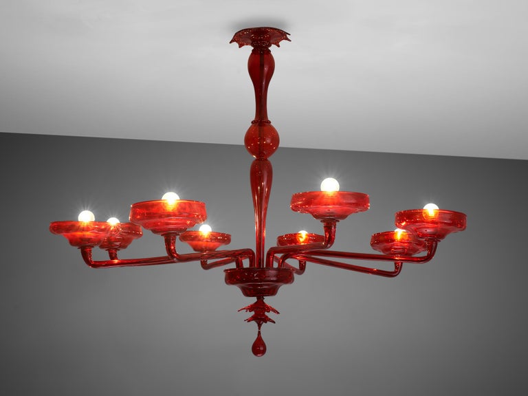 Large Hand Blown Chandelier in Red Murano Glass