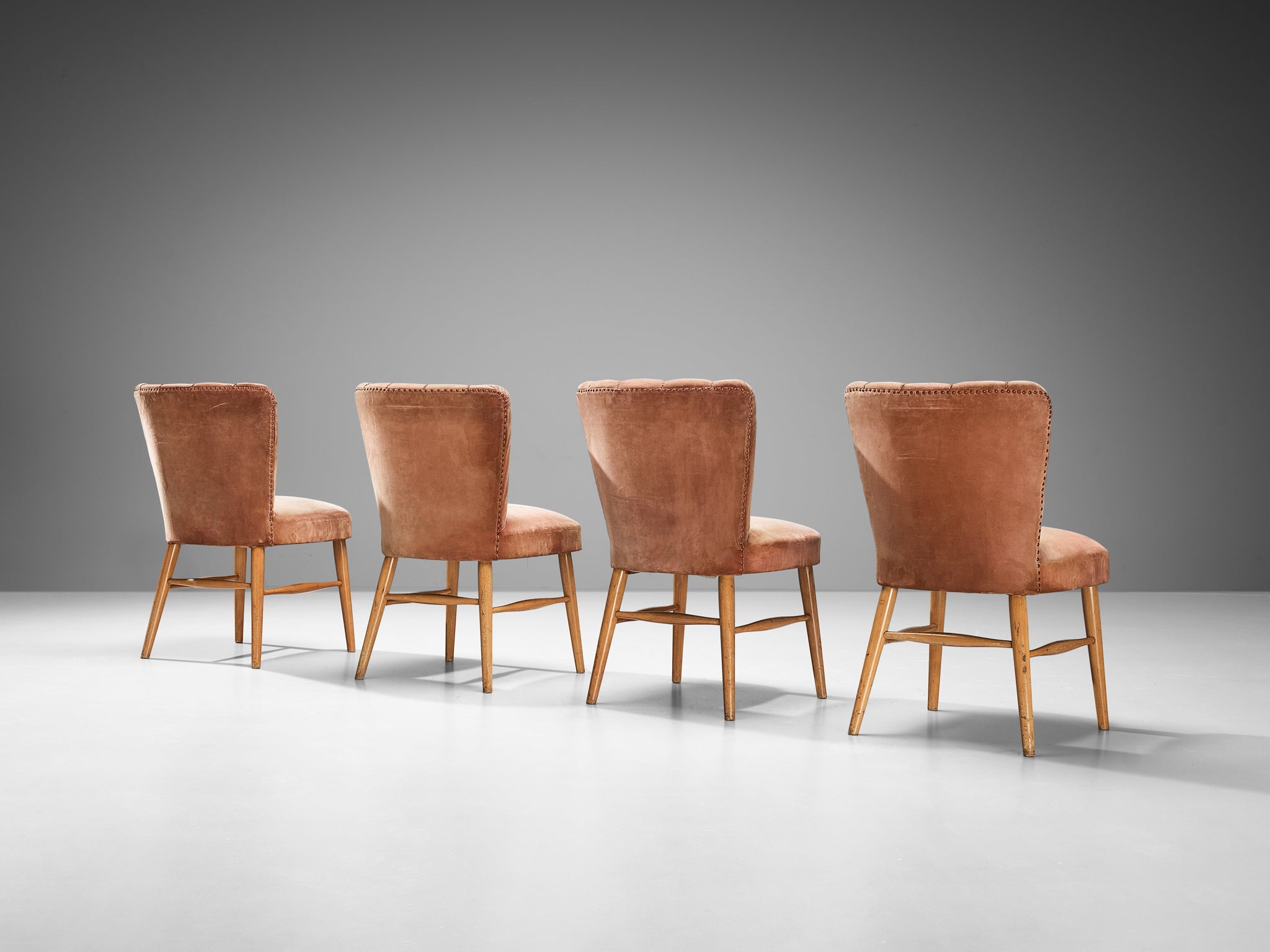 European Dining Chairs in Soft Pink Velvet Upholstery and Wood seating Morentz
