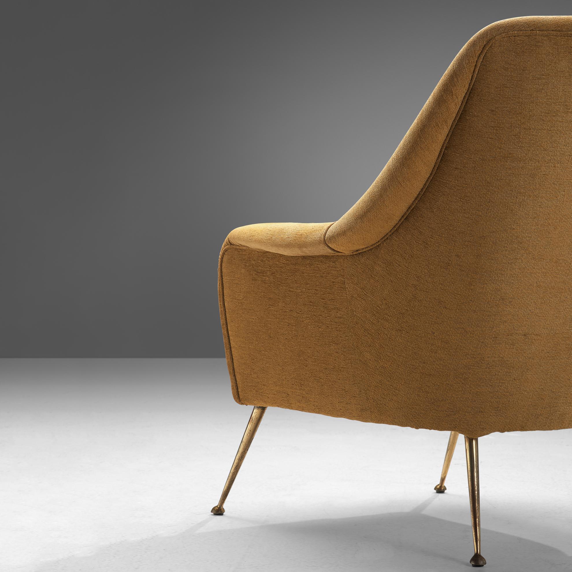 Elegant Italian Lounge Chairs in Brass and Beige Camel Upholstery