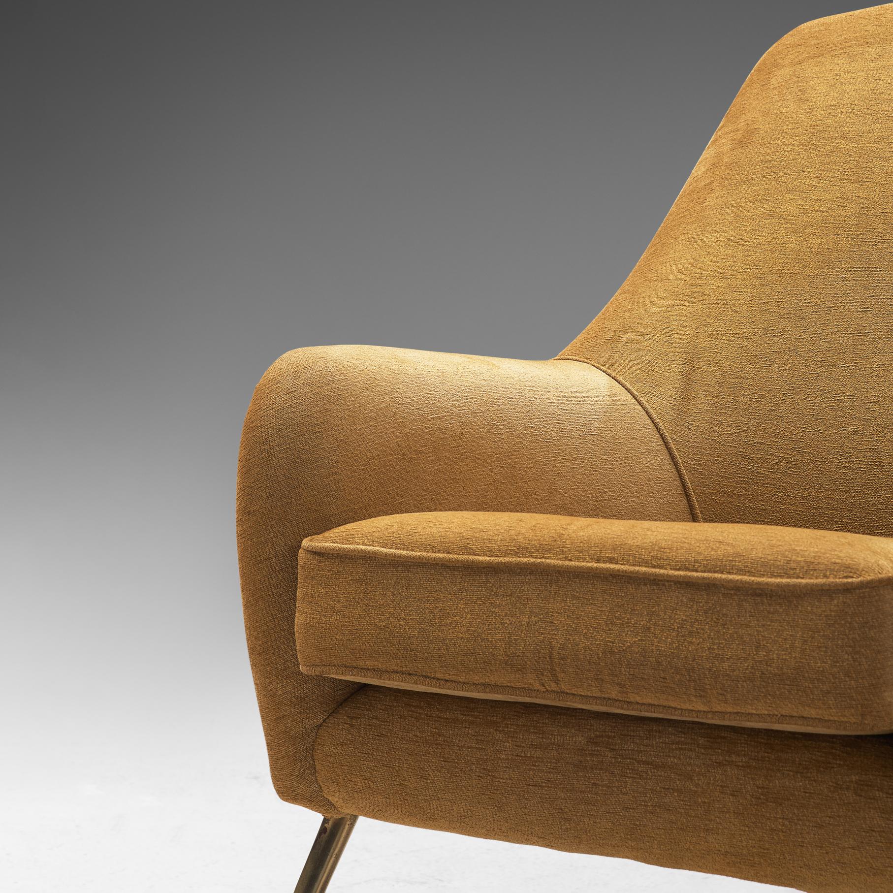 Elegant Italian Lounge Chairs in Brass and Beige Camel Upholstery