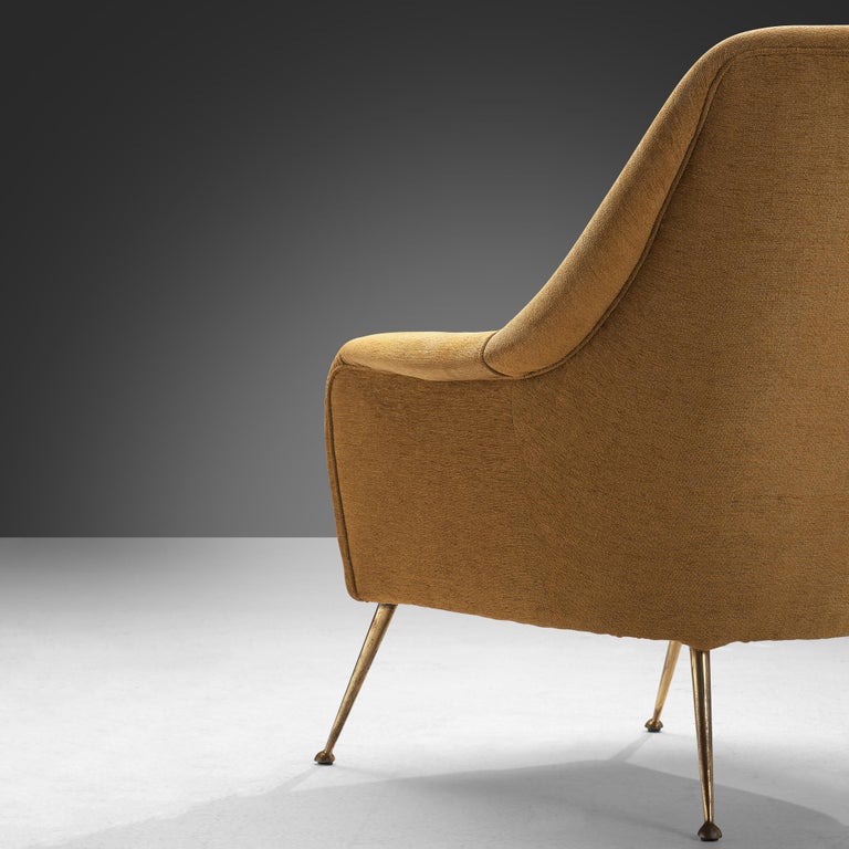 Pair of Elegant Italian Lounge Chairs in Brass and Beige Camel Upholstery