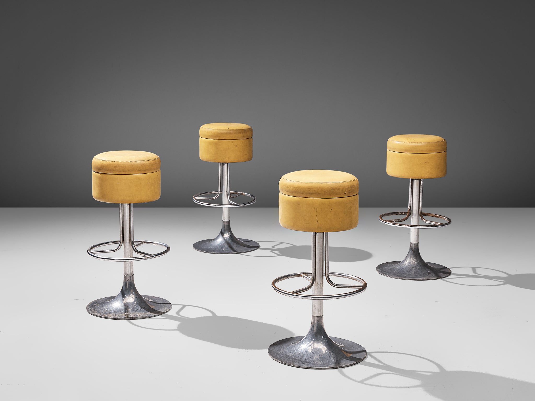 Italian Set of Four Swivel Barstools in Ochre Yellow Leatherette Seating Morentz