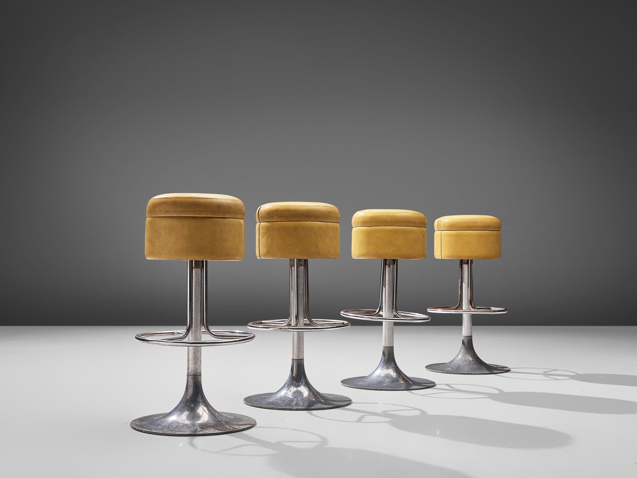 Italian Set of Four Swivel Barstools in Ochre Yellow Leatherette Seating Morentz