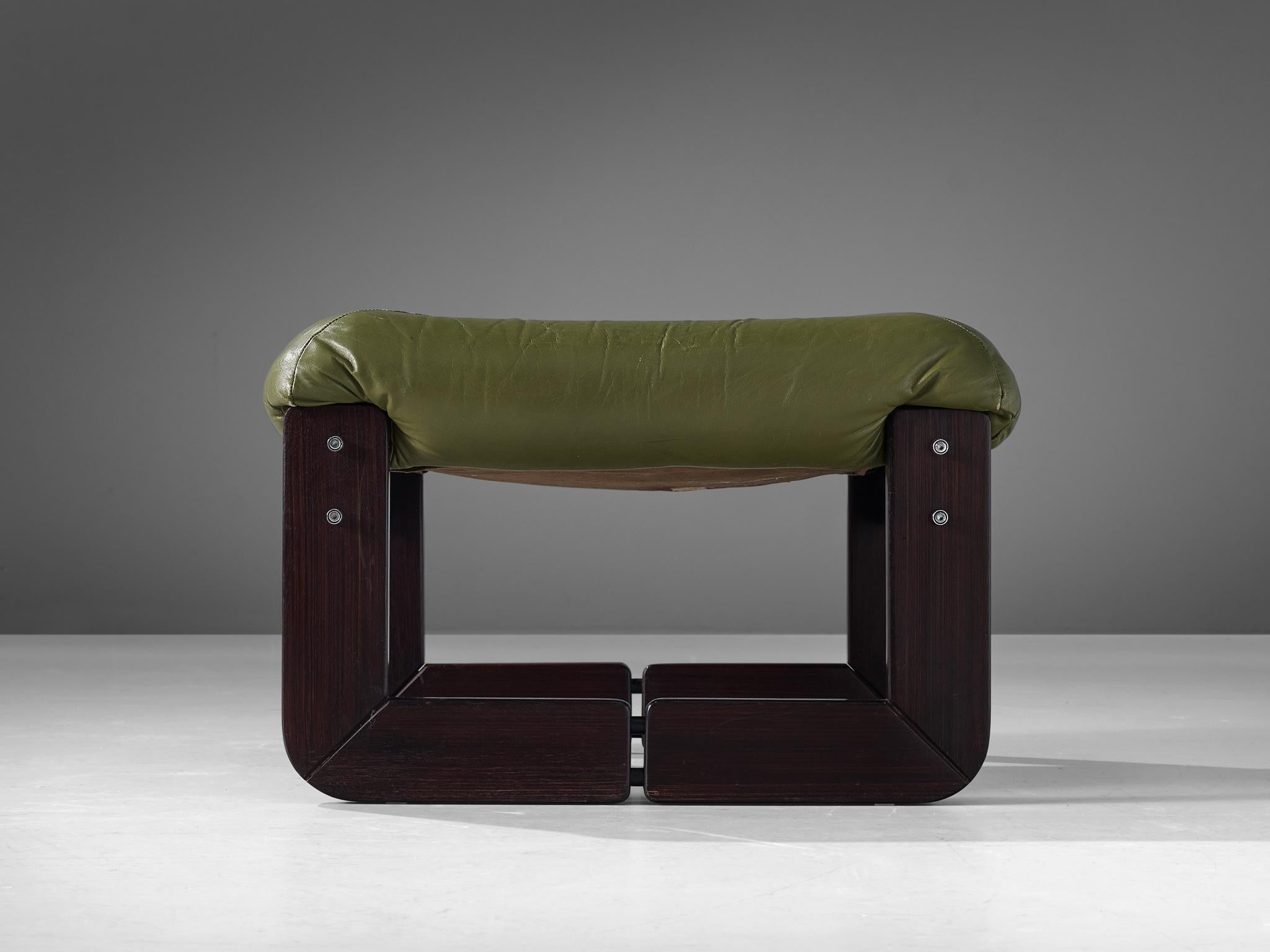 Percival Lafer Ottoman in Olive Green Leather and Mahogany