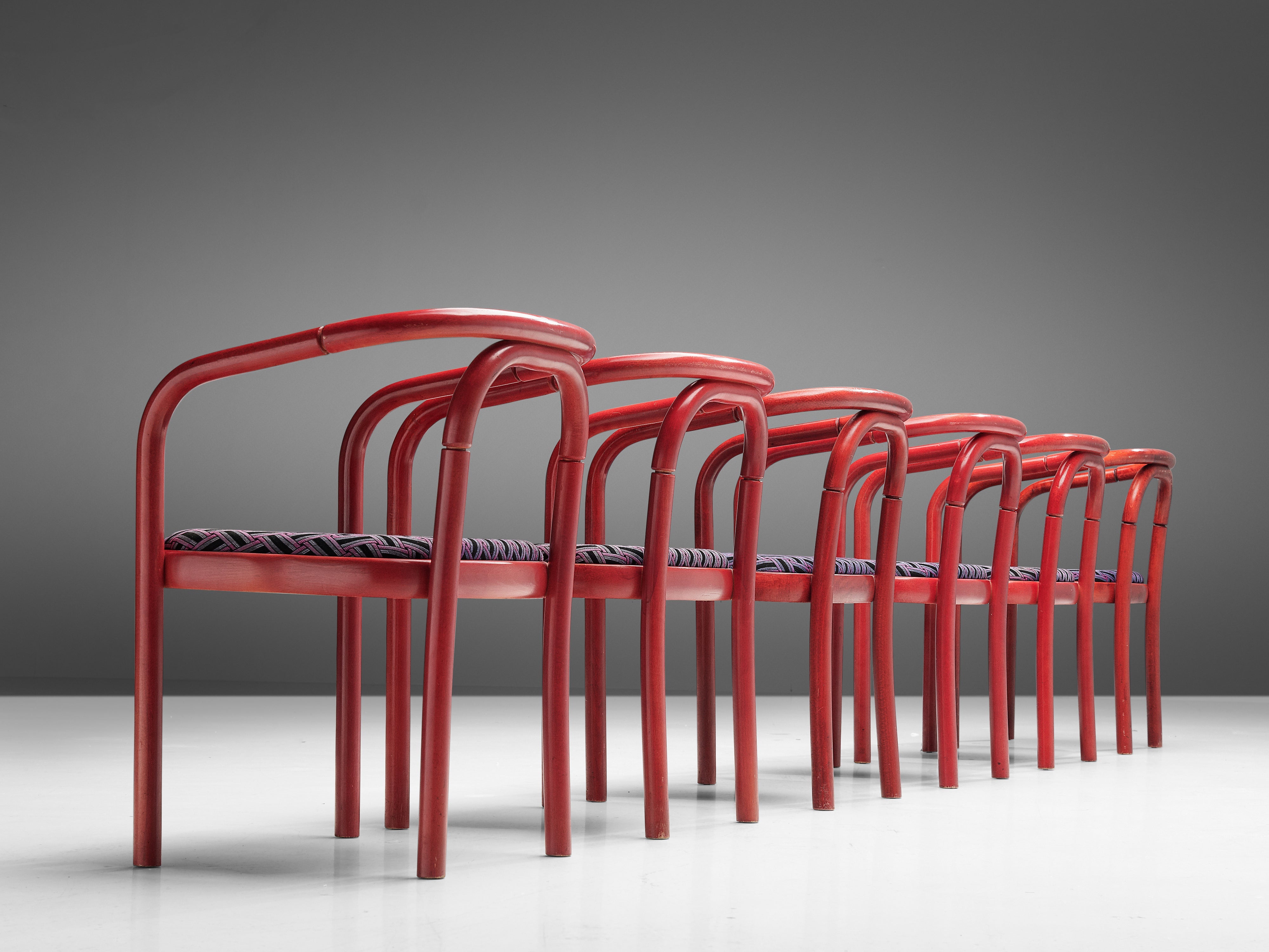 Antonín Šuman for TON Dining Chairs with Red Frames and Patterned Upholstery seating Morentz