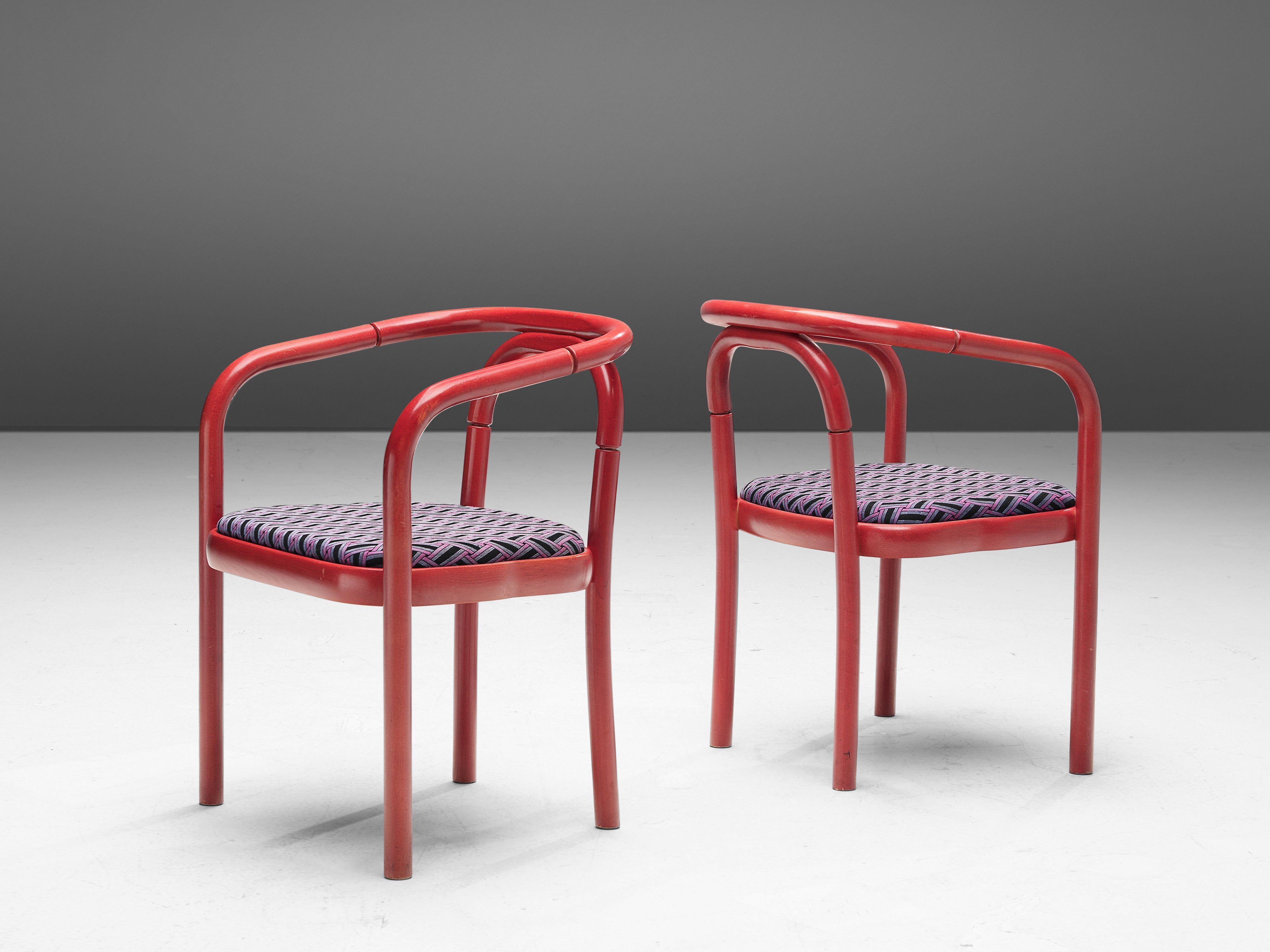 Antonín Šuman for TON Dining Chairs with Red Frames and Patterned Upholstery seating Morentz