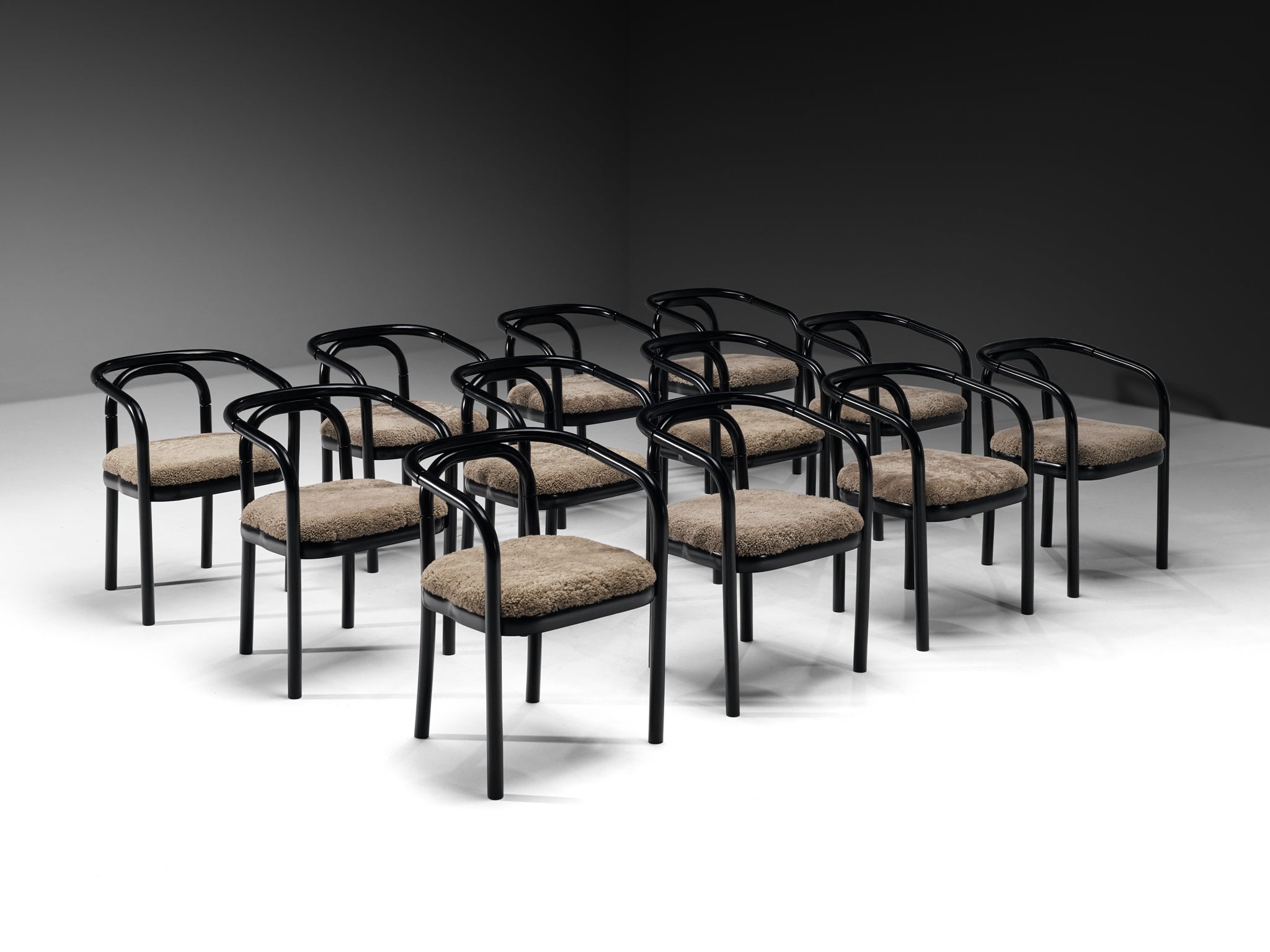 Sculptural Bentwood Armchairs in Black Lacquered Wood and Sheepskin