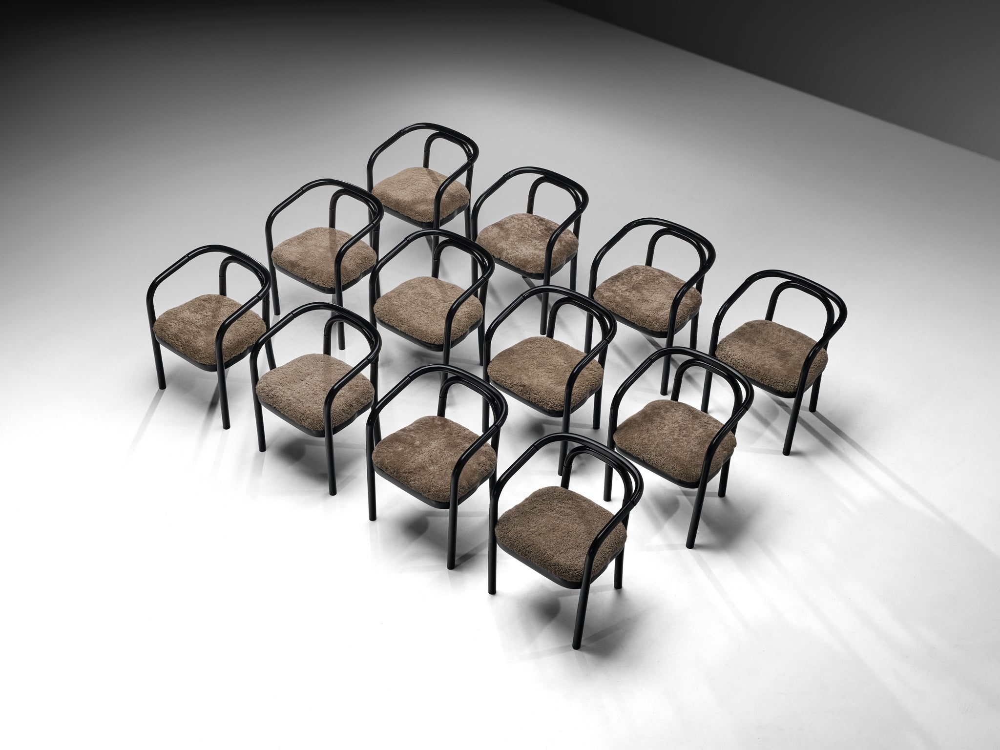 Sculptural Bentwood Armchairs in Black Lacquered Wood and Sheepskin