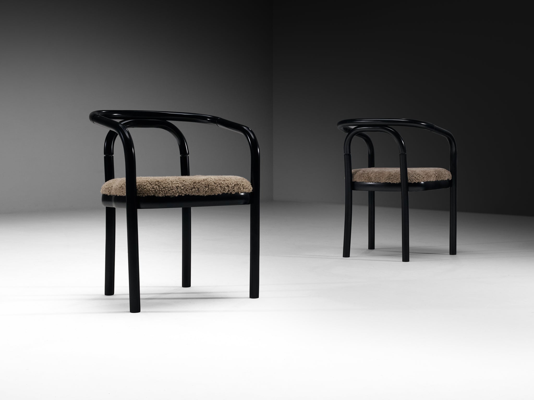 Sculptural Bentwood Armchairs in Black Lacquered Wood and Sheepskin