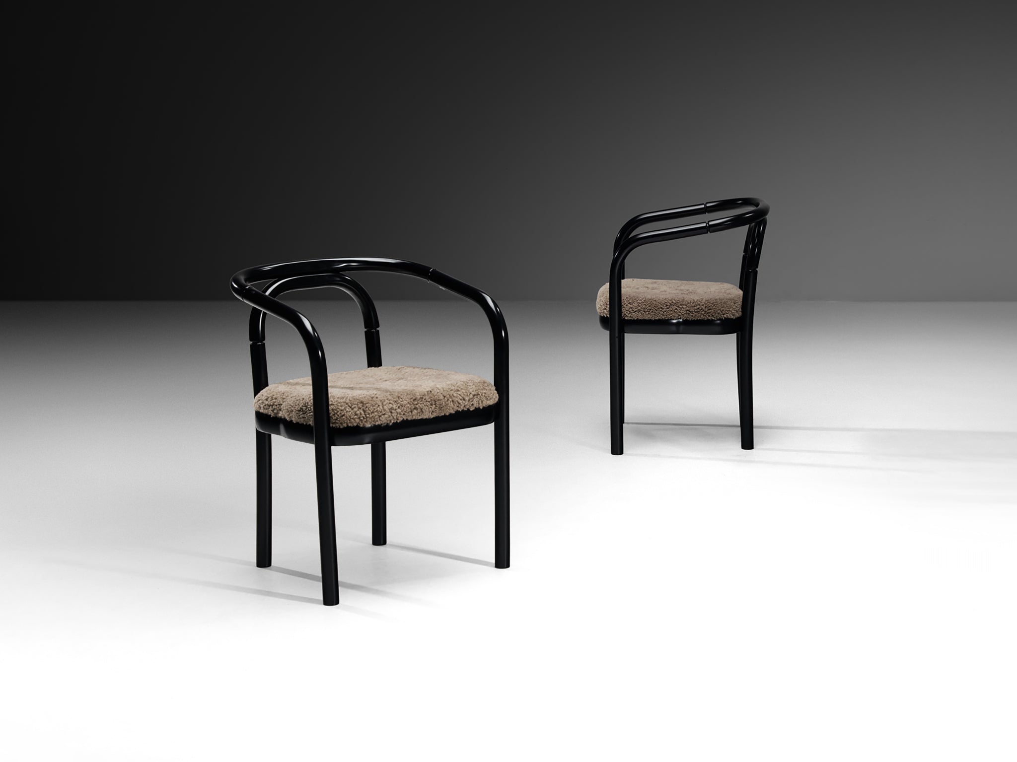 Pair of Sculptural Bentwood Armchairs in Black Lacquered Wood and Sheepskin Seating Morentz