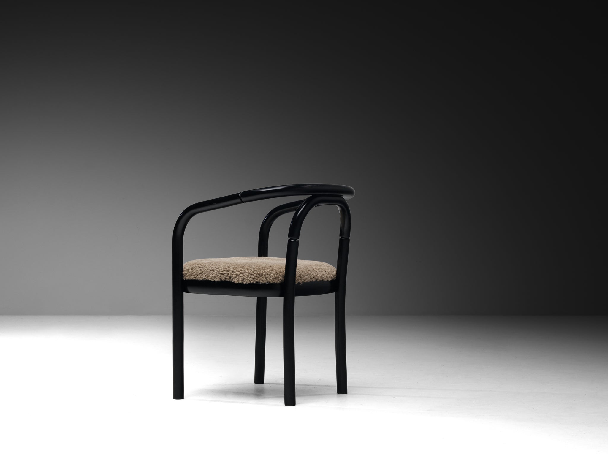 Pair of Sculptural Bentwood Armchairs in Black Lacquered Wood and Sheepskin Seating Morentz