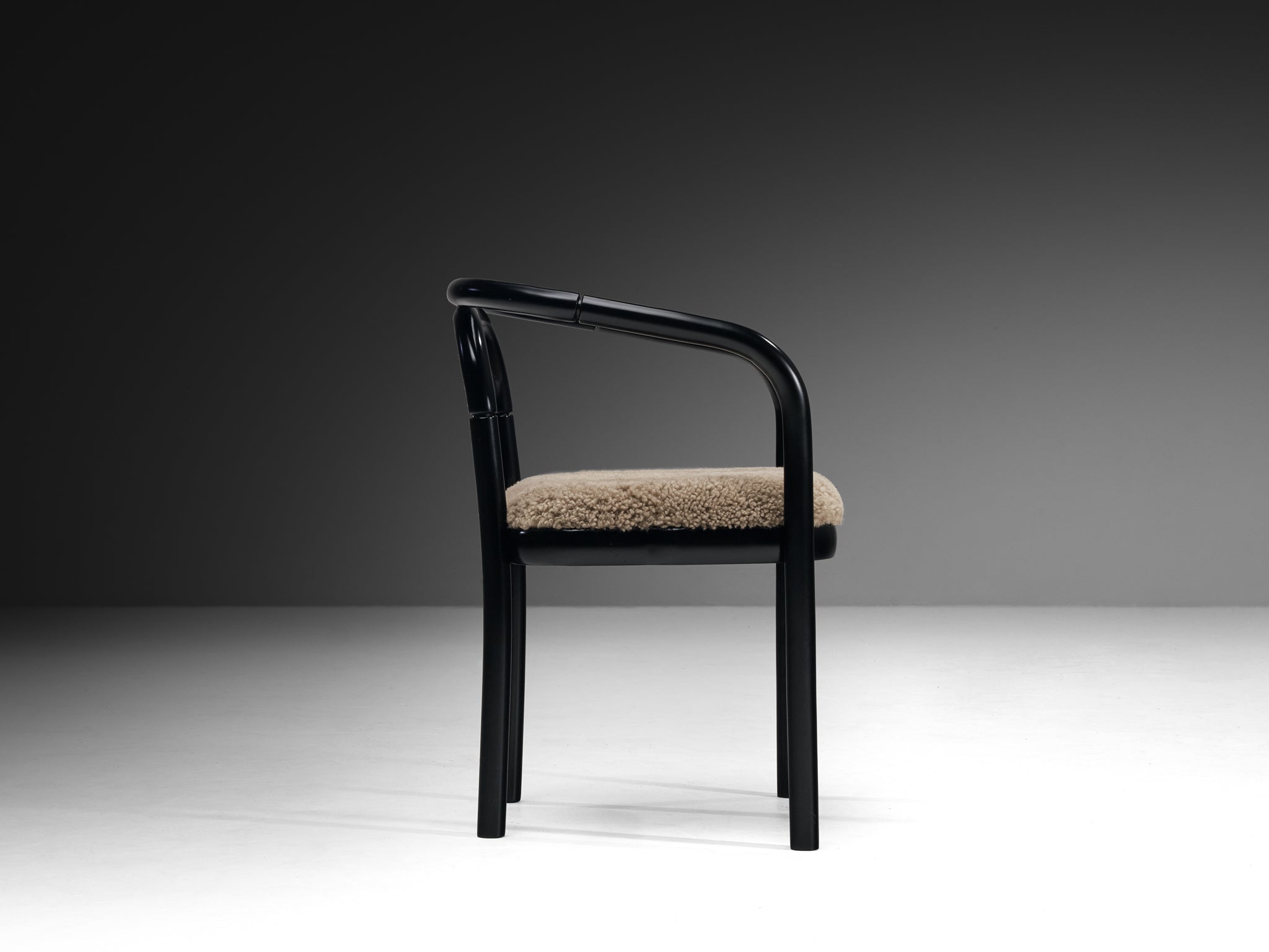 Sculptural Bentwood Armchairs in Black Lacquered Wood and Sheepskin Seating Morentz
