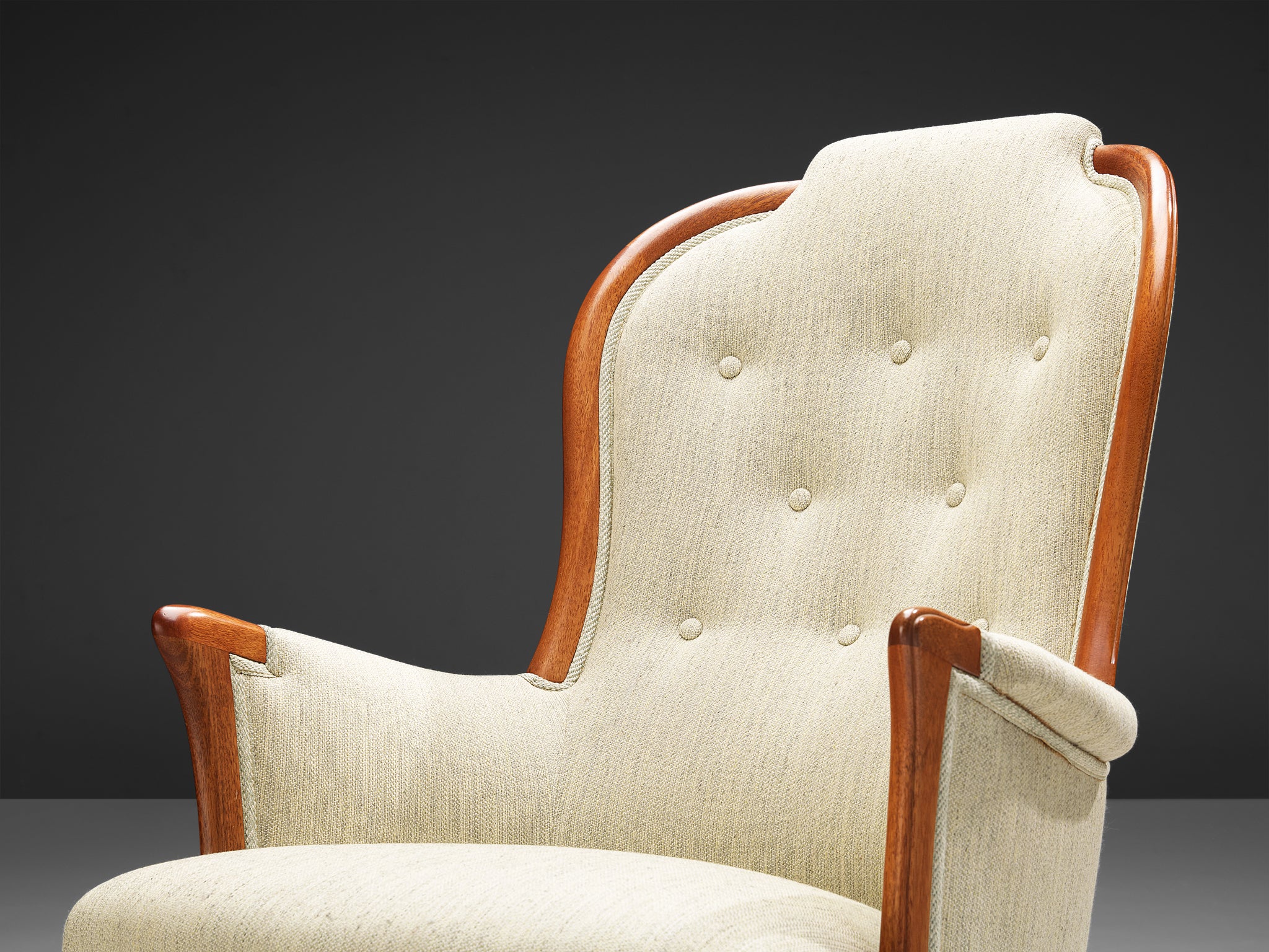 Carl Malmsten for O.H. Sjögren Pair of 'Our Lady' Lounge Chair in Teak and White Upholstery Seating Morentz