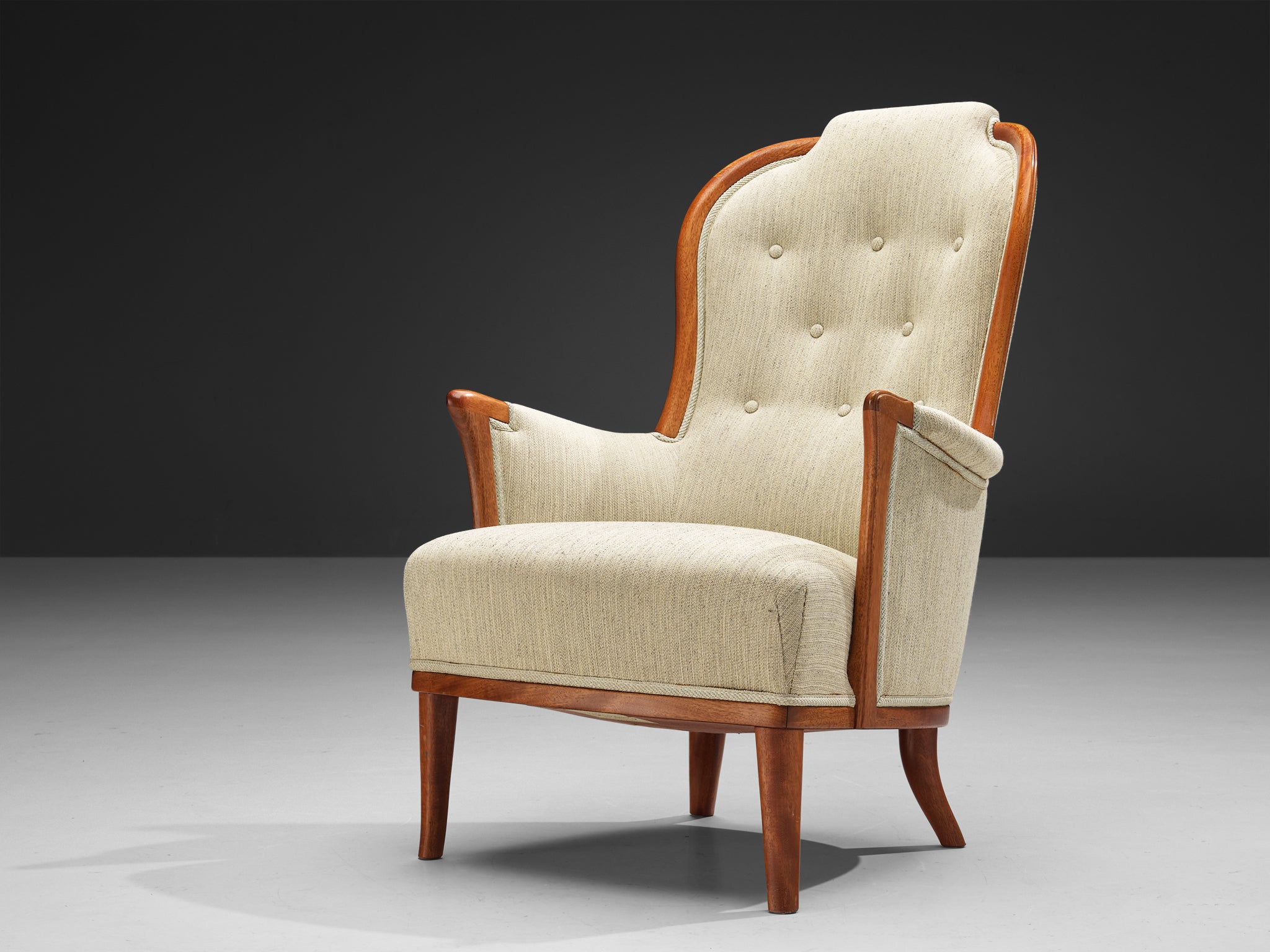 Carl Malmsten for O.H. Sjögren Pair of 'Our Lady' Lounge Chair in Teak and White Upholstery Seating Morentz