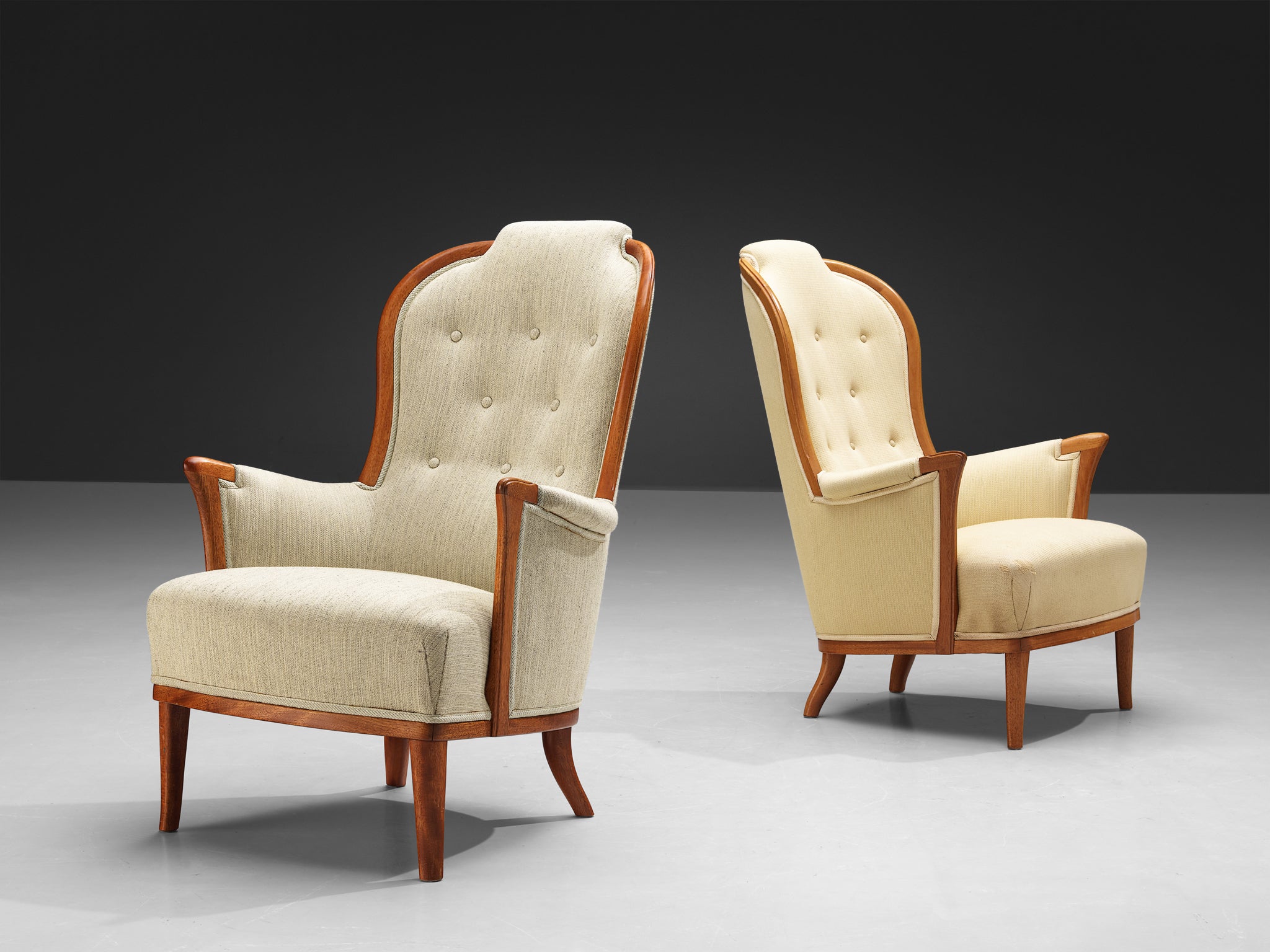 Carl Malmsten for O.H. Sjögren 'Our Lady' Lounge Chairs in Teak and White Upholstery Seating Morentz