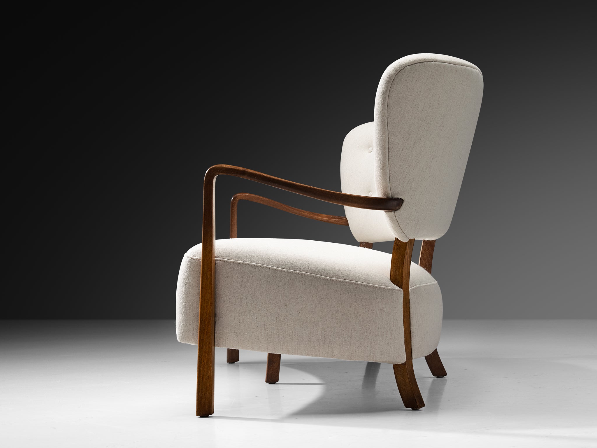 1940s Danish Sofa with Sculptural Frame in White Wool Seating Morentz