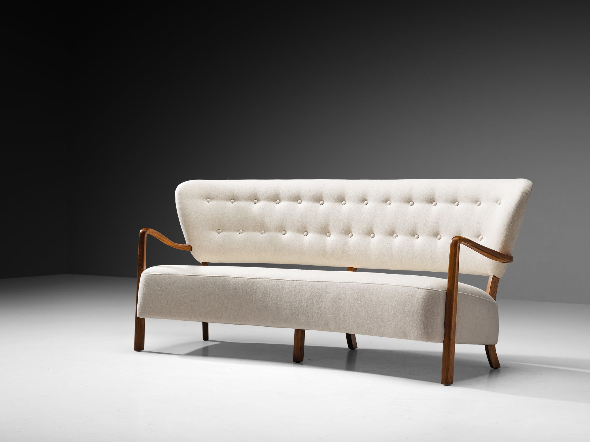 1940s Danish Sofa with Sculptural Frame in White Wool Seating Morentz