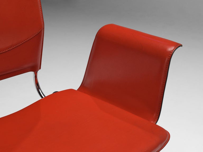Ross Littell for Matteo Grassi Armchairs in Red Leather and Steel