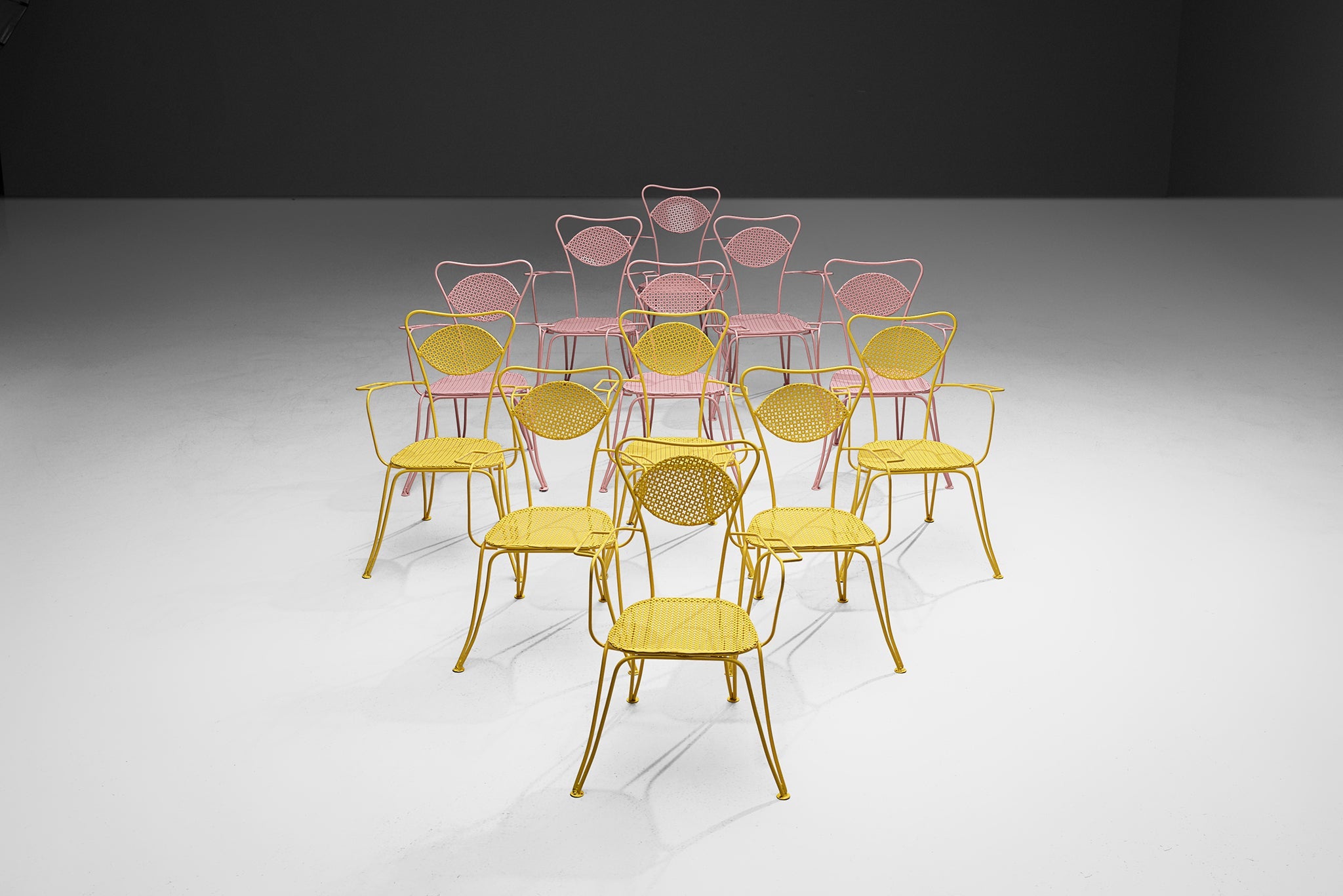 Large Set of Italian Patio Chairs in Pink and Yellow Lacquered Steel building and garden elements Morentz