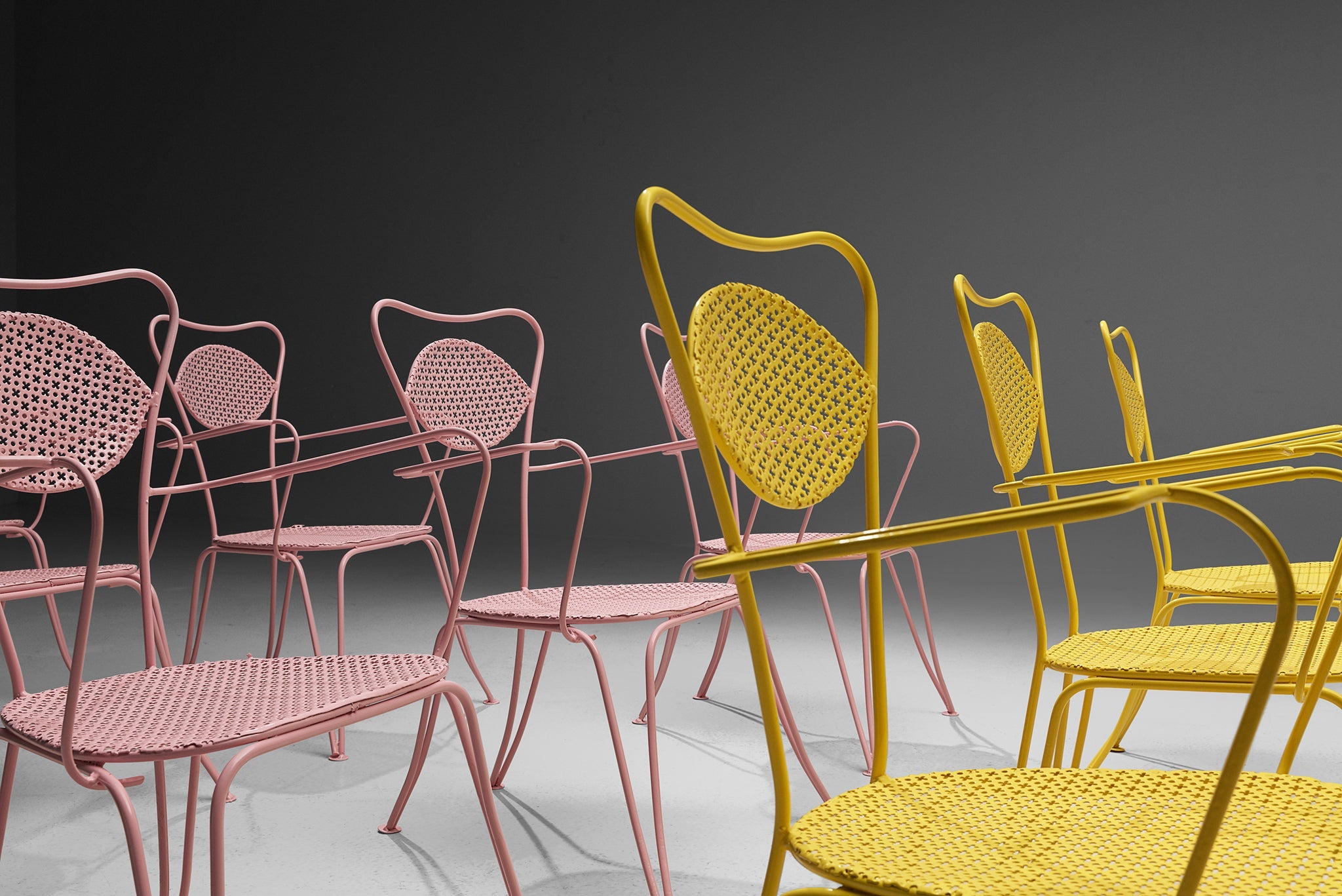Large Set of Italian Patio Chairs in Pink and Yellow Lacquered Steel building and garden elements Morentz