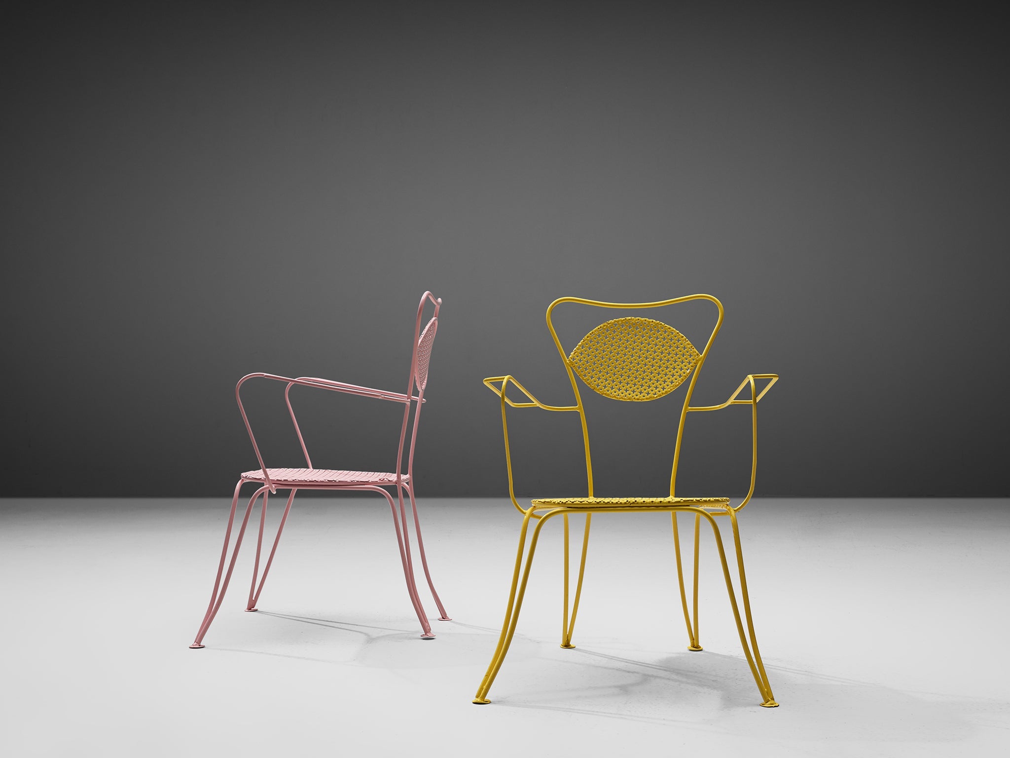 Large Set of Italian Patio Chairs in Pink and Yellow Lacquered Steel building and garden elements Morentz