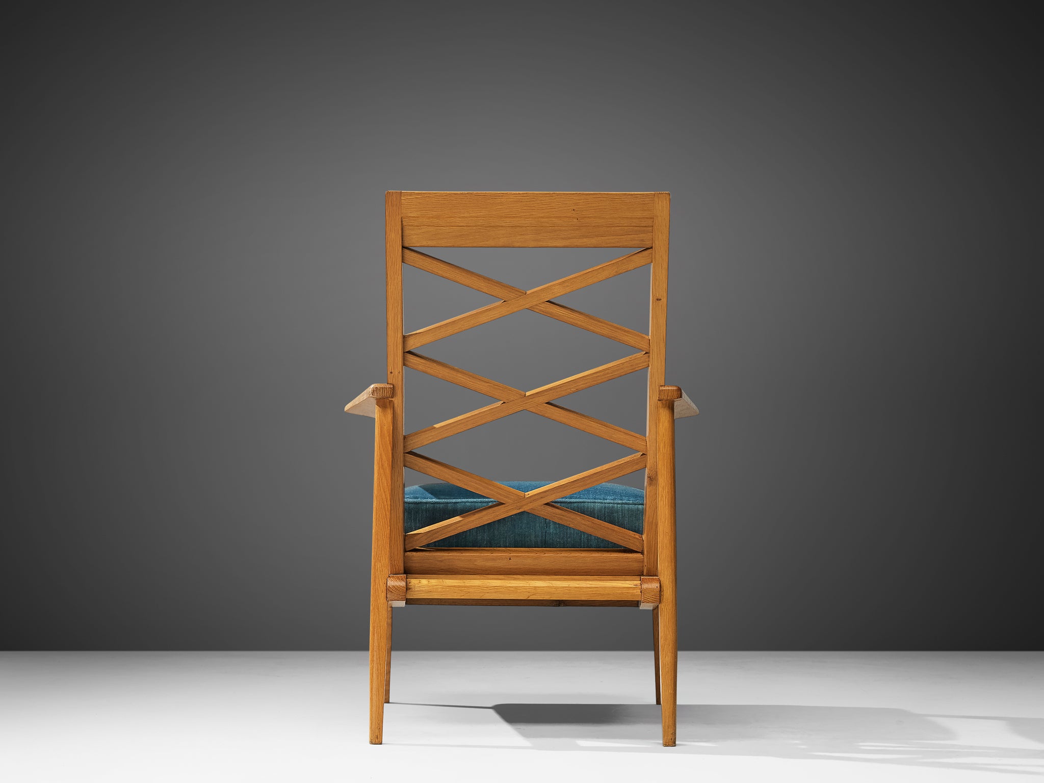 Mid-Century Modern French Armchair in Oak and Blue Velvet Seating Morentz