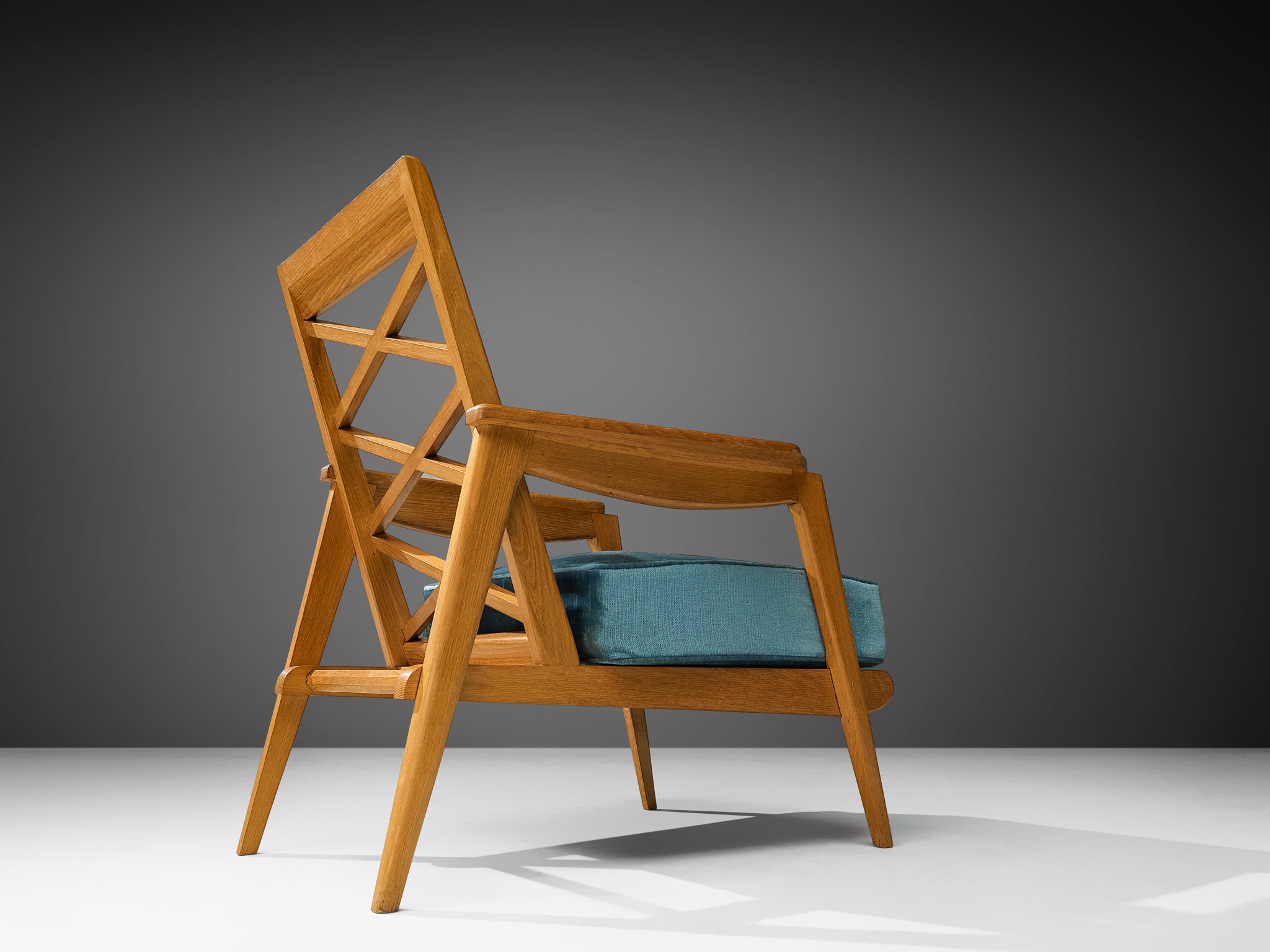 Mid-Century Modern French Armchair in Oak and Blue Velvet Seating Morentz