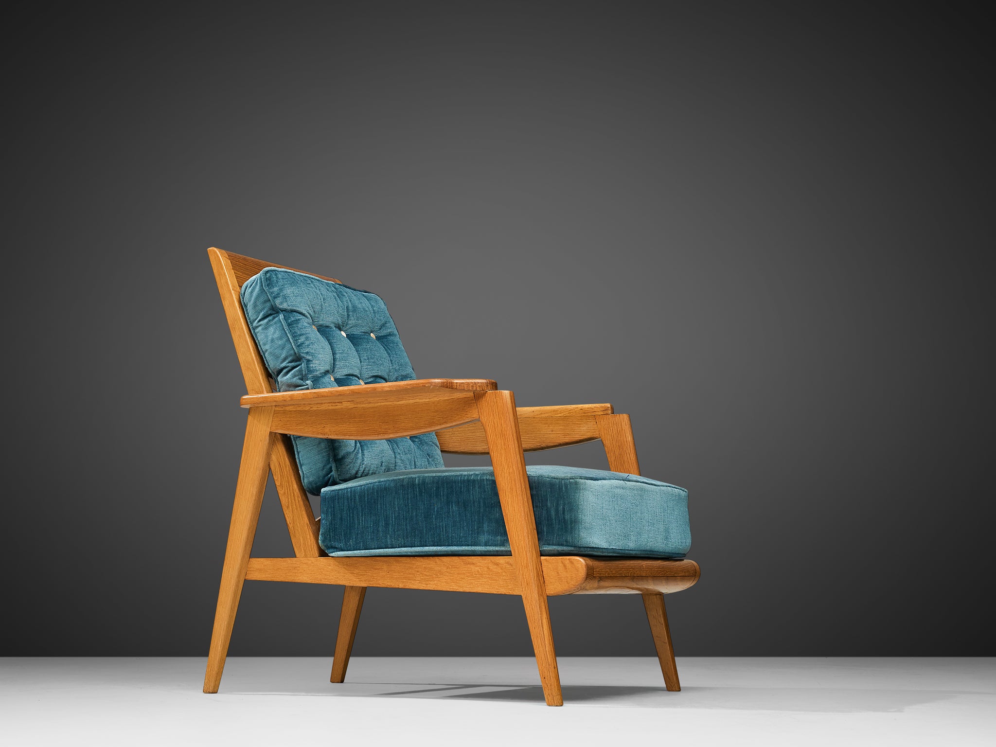 Mid-Century Modern French Armchair in Oak and Blue Velvet Seating Morentz