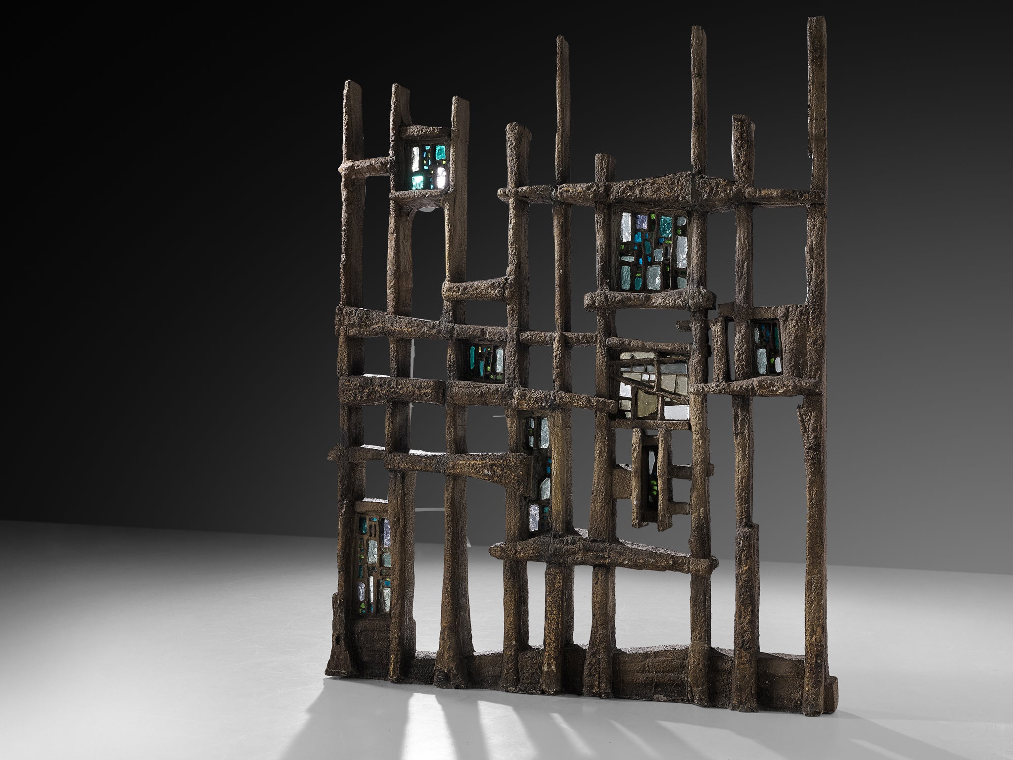 Pia Manu Hand Crafted Room Divider in Burnished Concrete and Stained Glass Case pieces and storage cabinets Morentz