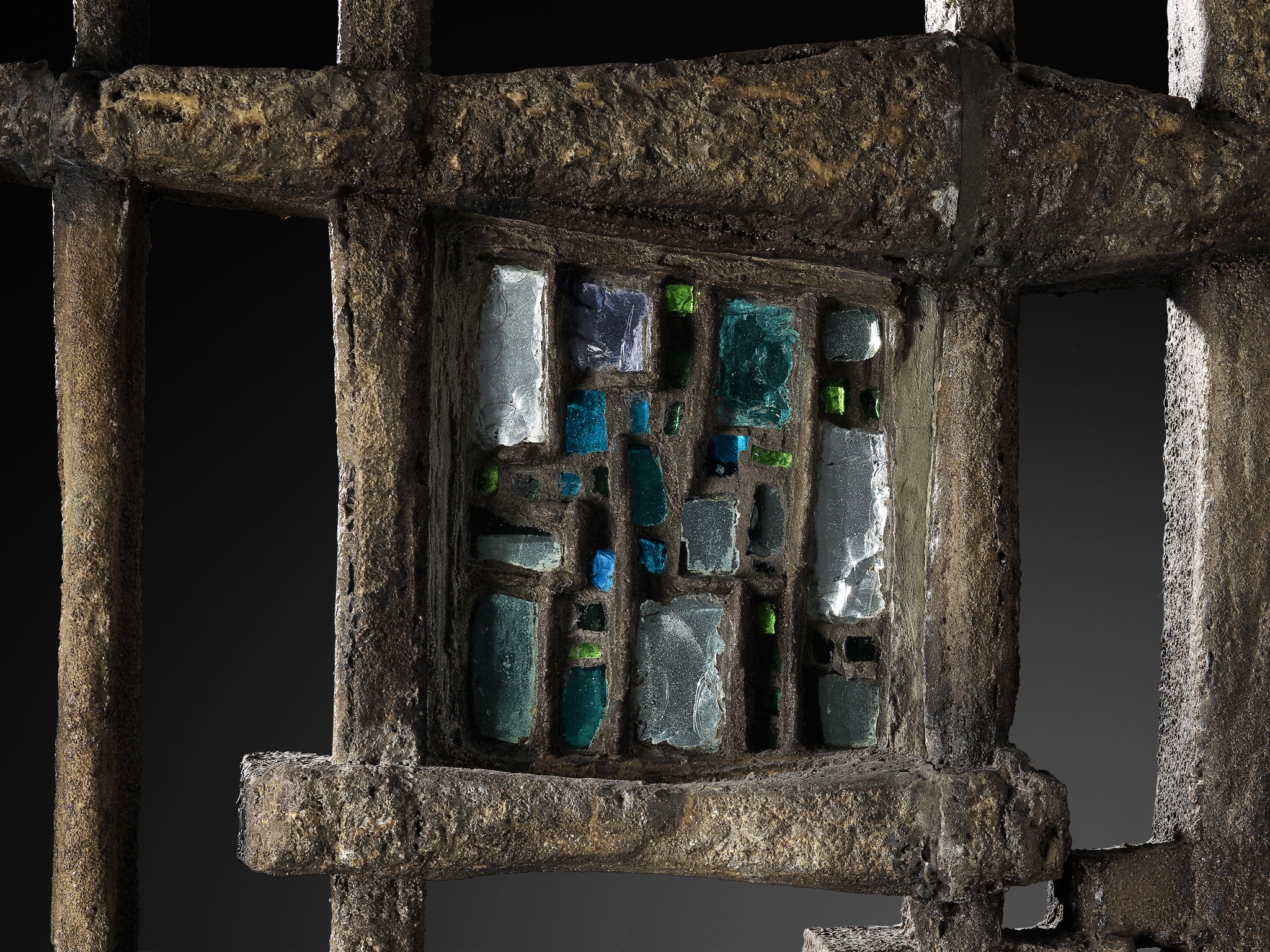 Pia Manu Hand Crafted Room Divider in Burnished Concrete and Stained Glass Case pieces and storage cabinets Morentz