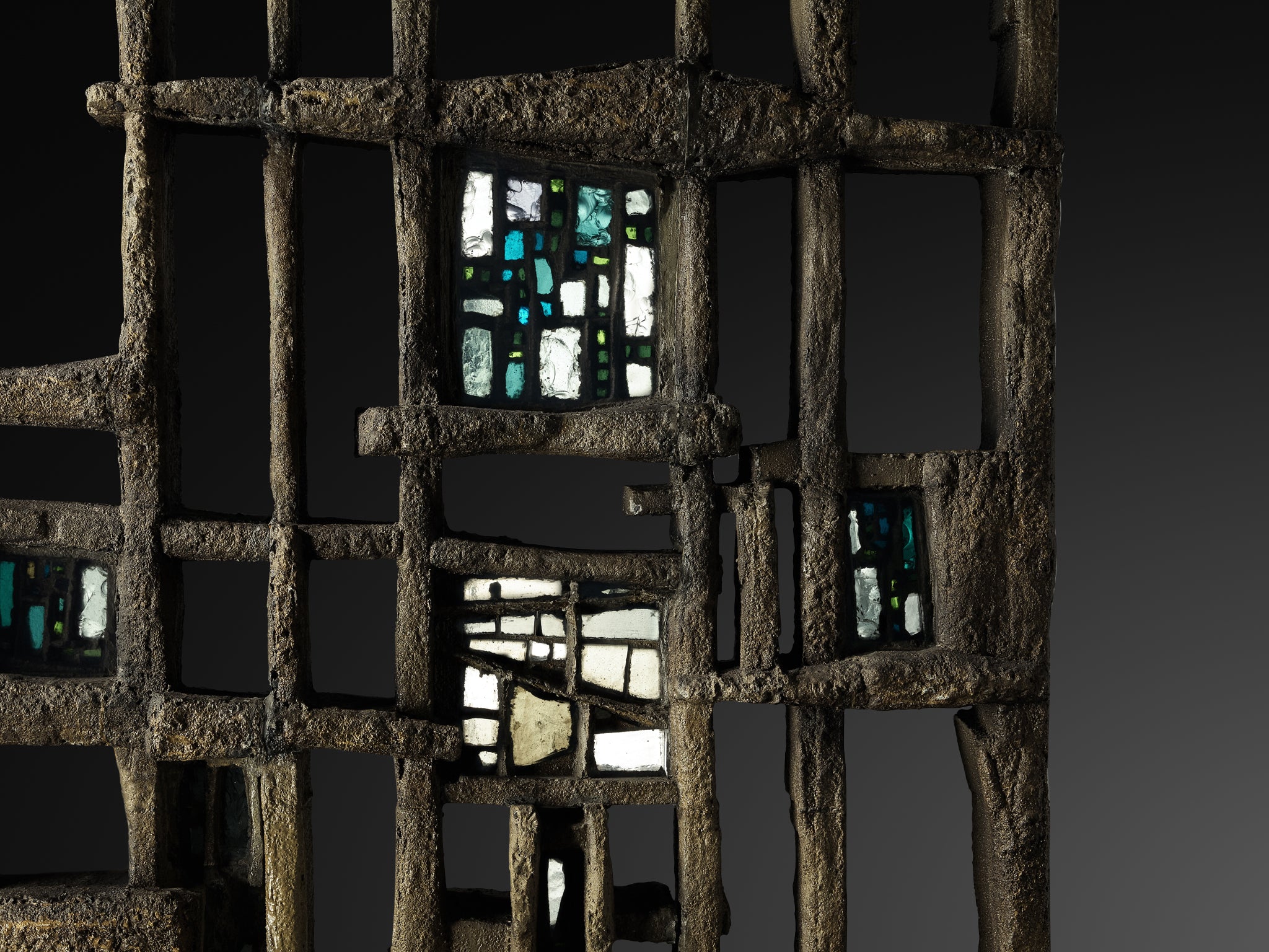 Pia Manu Hand Crafted Room Divider in Burnished Concrete and Stained Glass Case pieces and storage cabinets Morentz