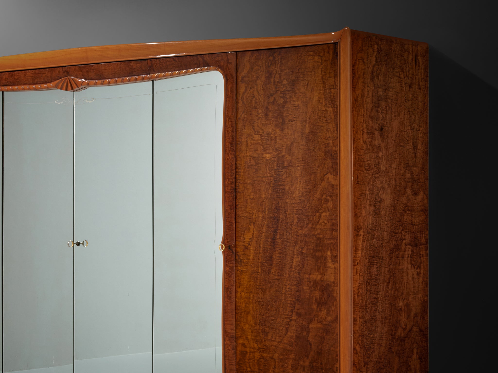 Exquisite Italian Wardrobe with Mirrored Doors in Walnut Burl Case pieces and storage cabinets Morentz