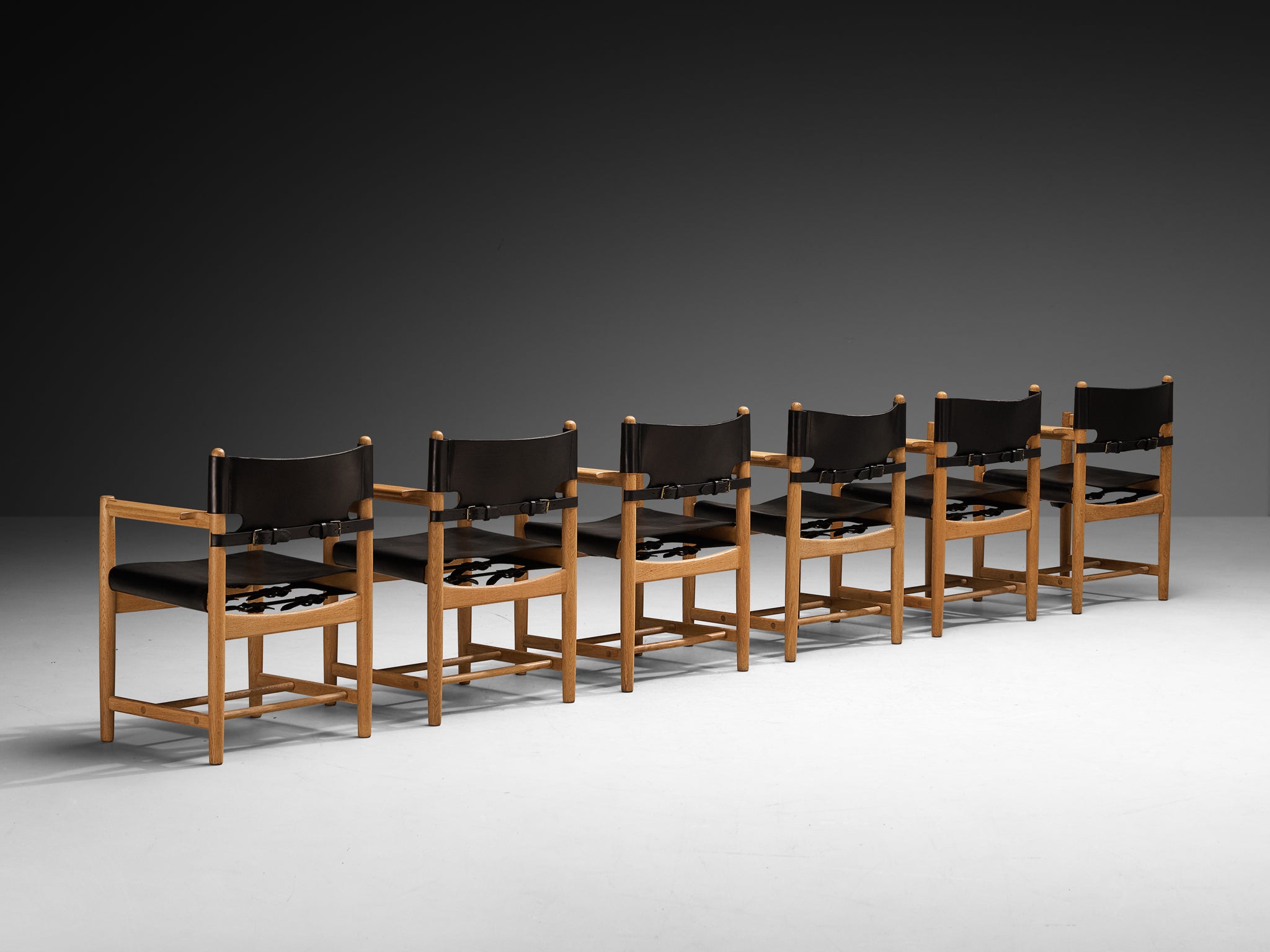 Børge Mogensen for Fredericia Stolefabrik Set of 'Spanish' Dining Chairs in Oak and Black Leather Seating Morentz