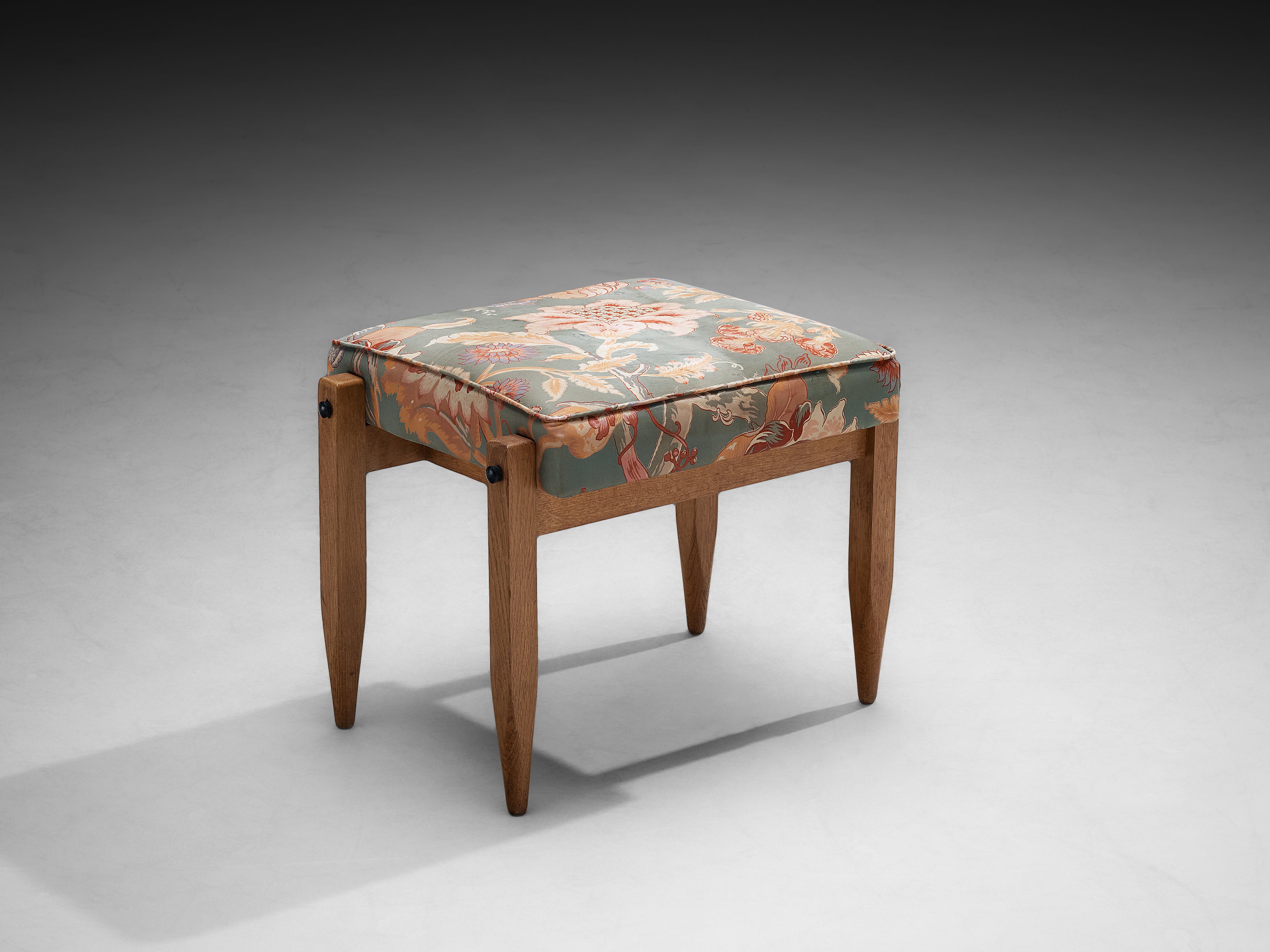 Guillerme et Chambron Pair of Ottomans in Oak and Patterned Fabric Seating Morentz
