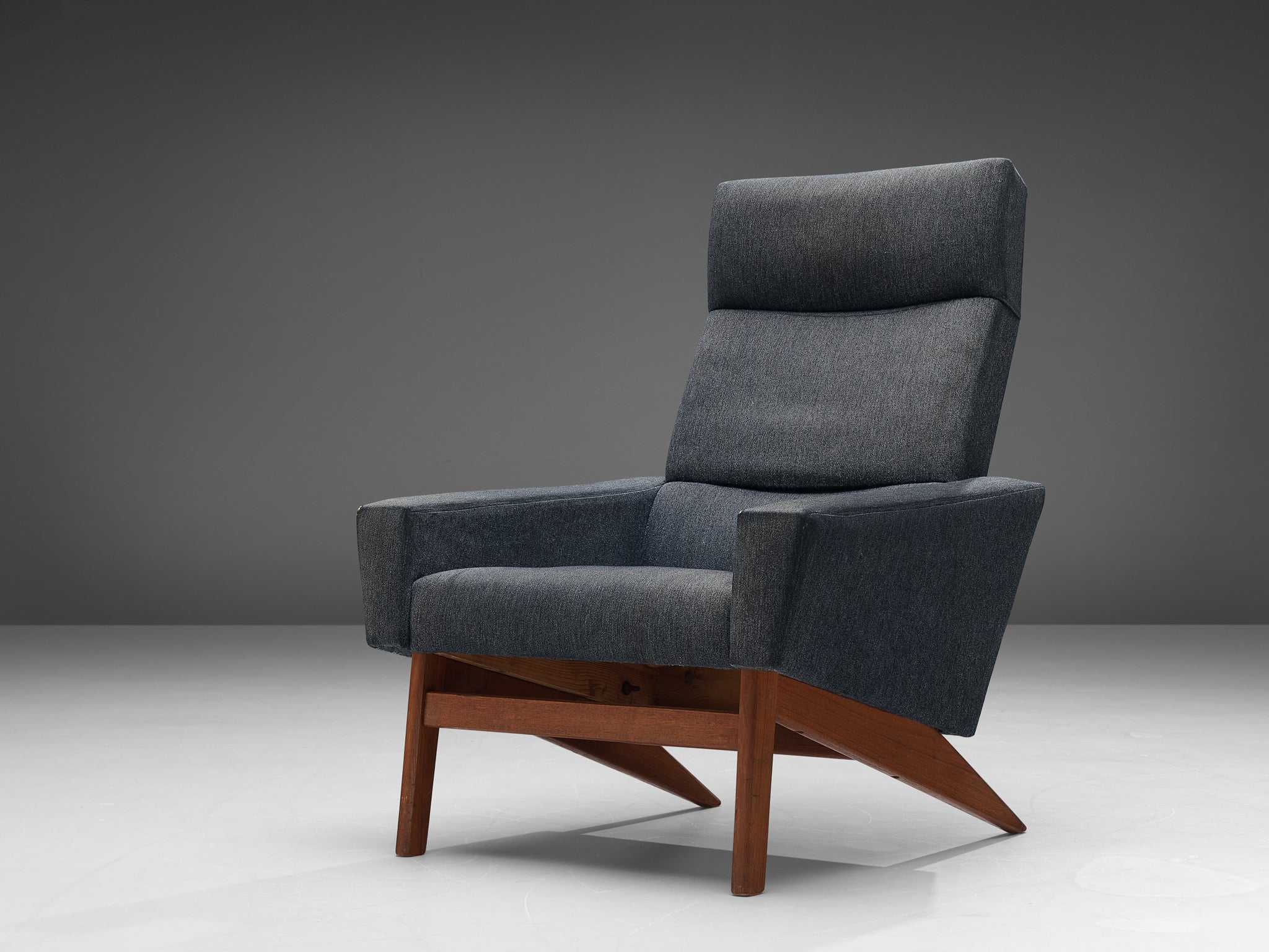 Danish Highback Lounge Chair in Grey Upholstery and Teak Seating Morentz