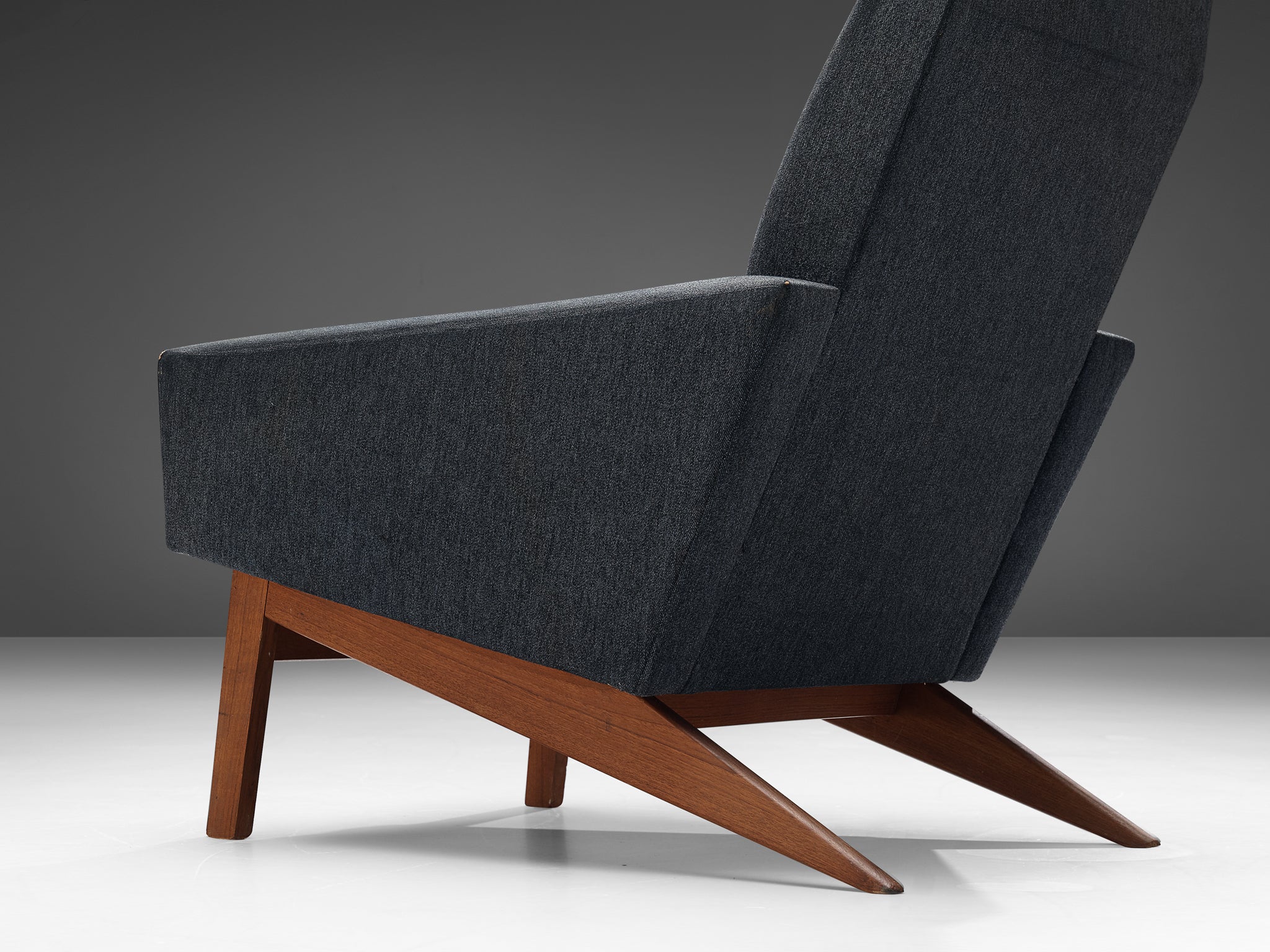 Danish Highback Lounge Chair in Grey Upholstery and Teak Seating Morentz