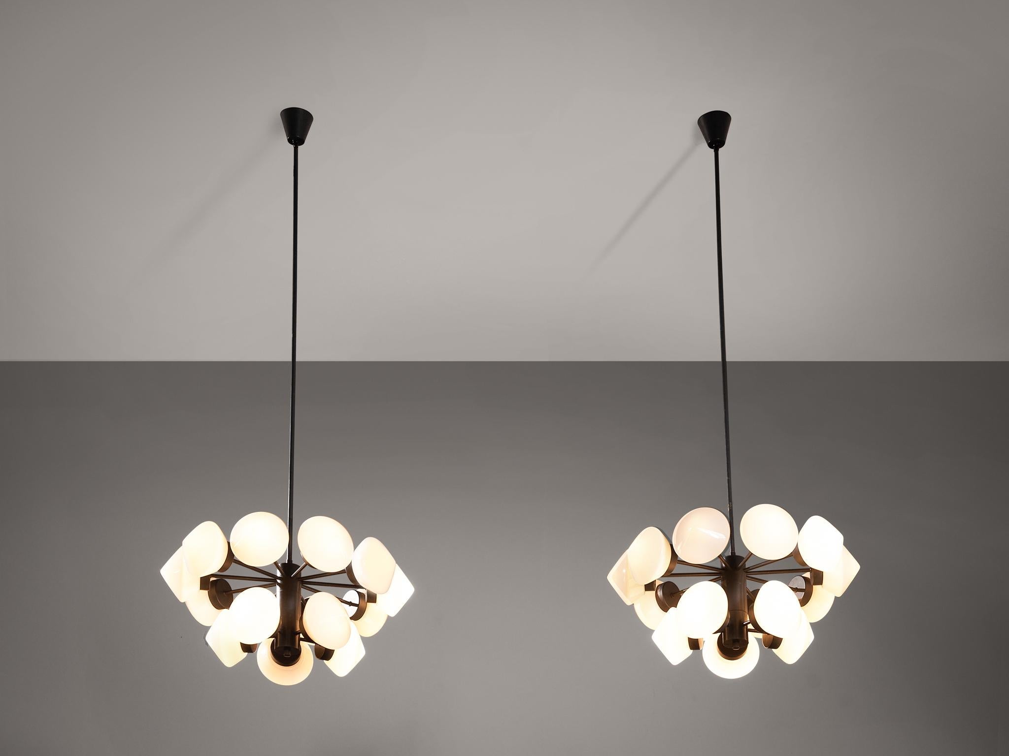 Large Swedish Chandeliers in Metal and Opaline Glass Shades