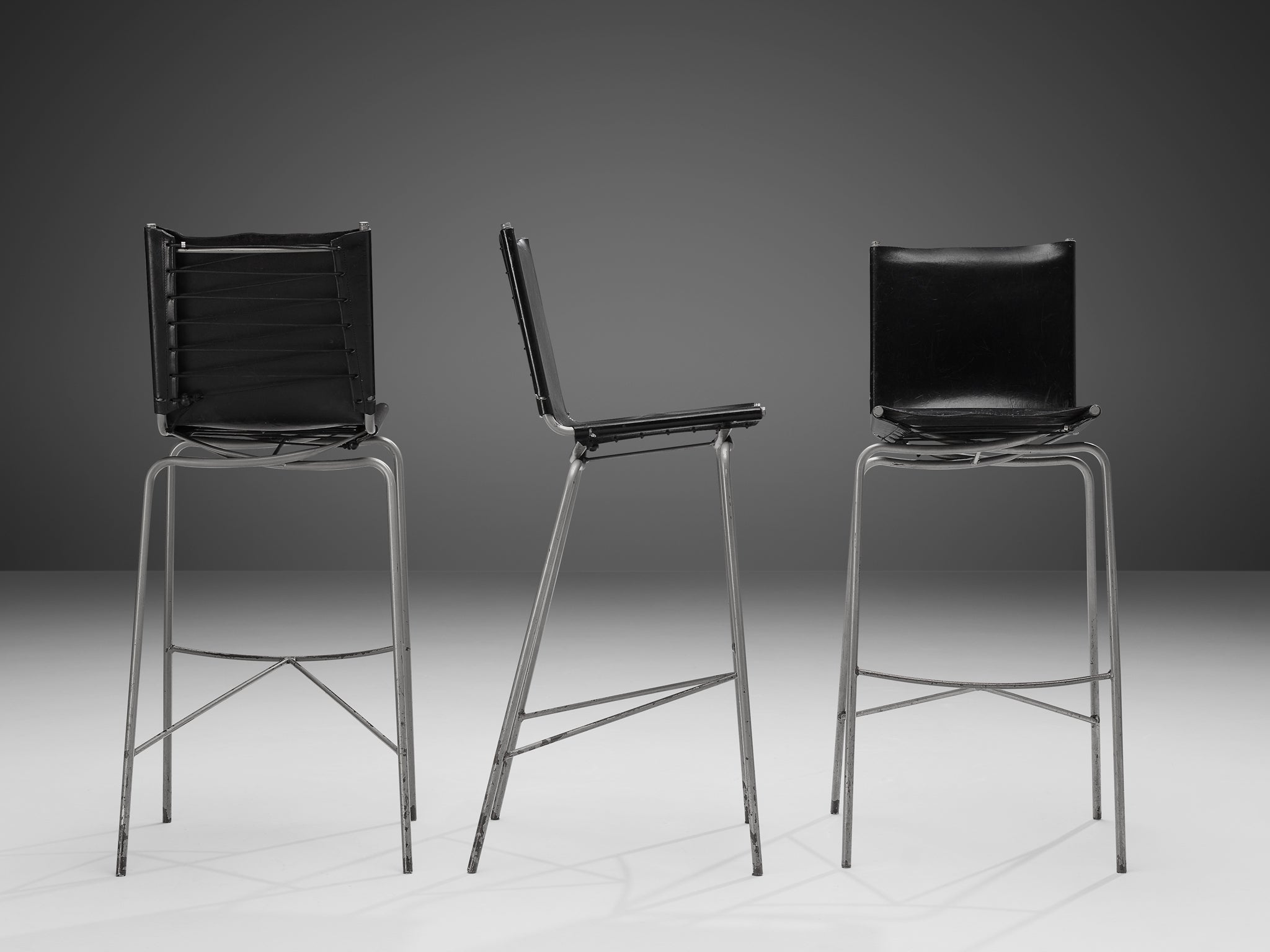 Fabiaan Van Severen Set of Three Bar Stools in Patinated Black Leather Seating Morentz