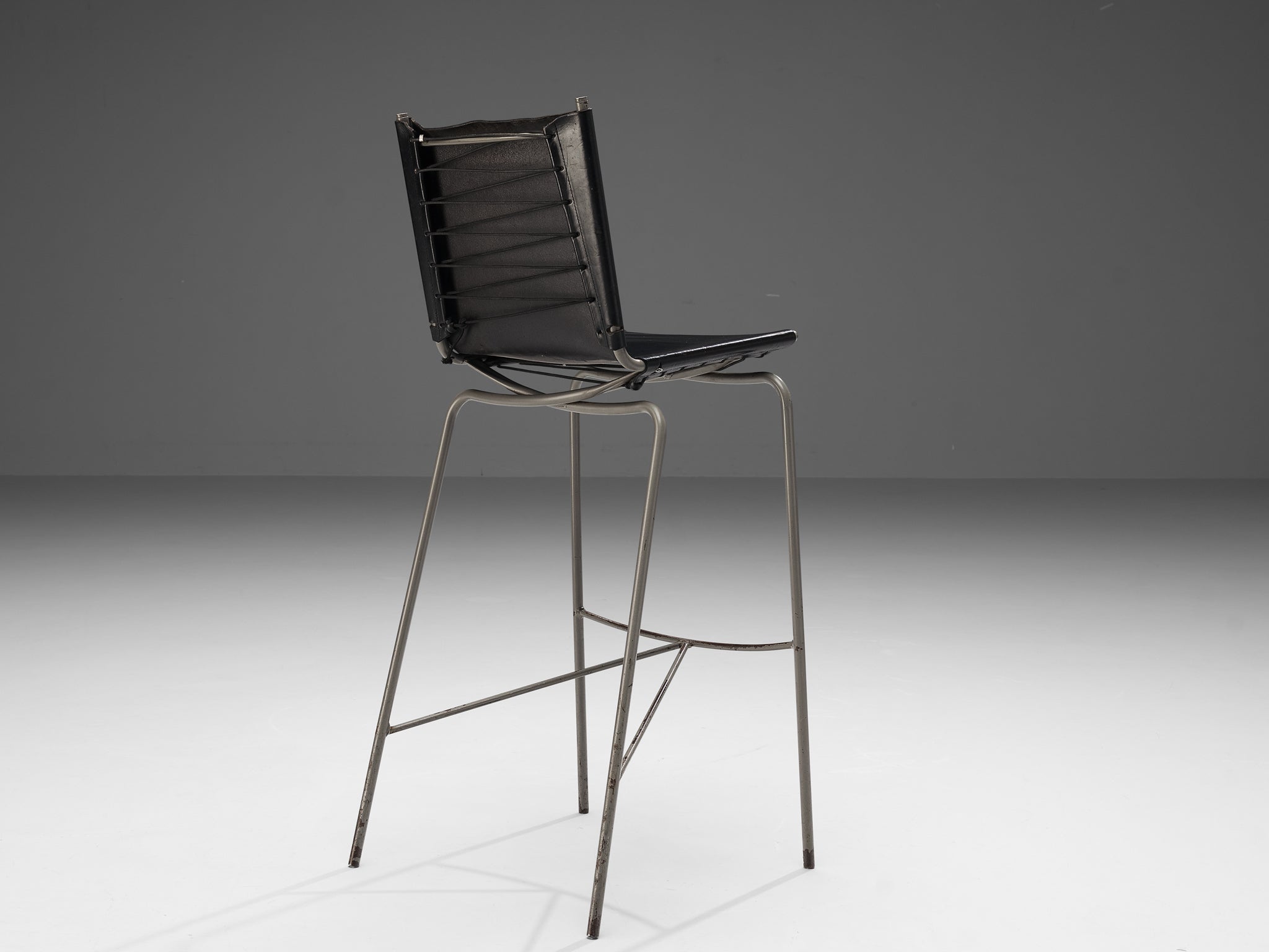 Fabiaan Van Severen Set of Three Bar Stools in Patinated Black Leather Seating Morentz