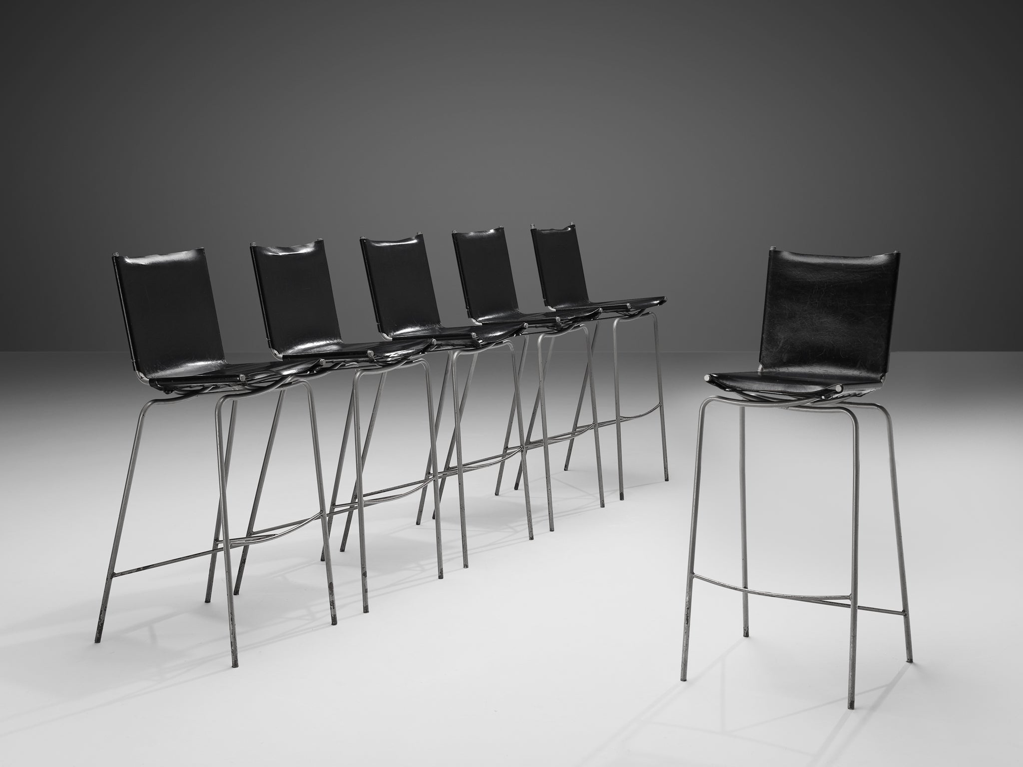 Fabiaan Van Severen Set of Six Bar Stools in Patinated Black Leather Seating Morentz