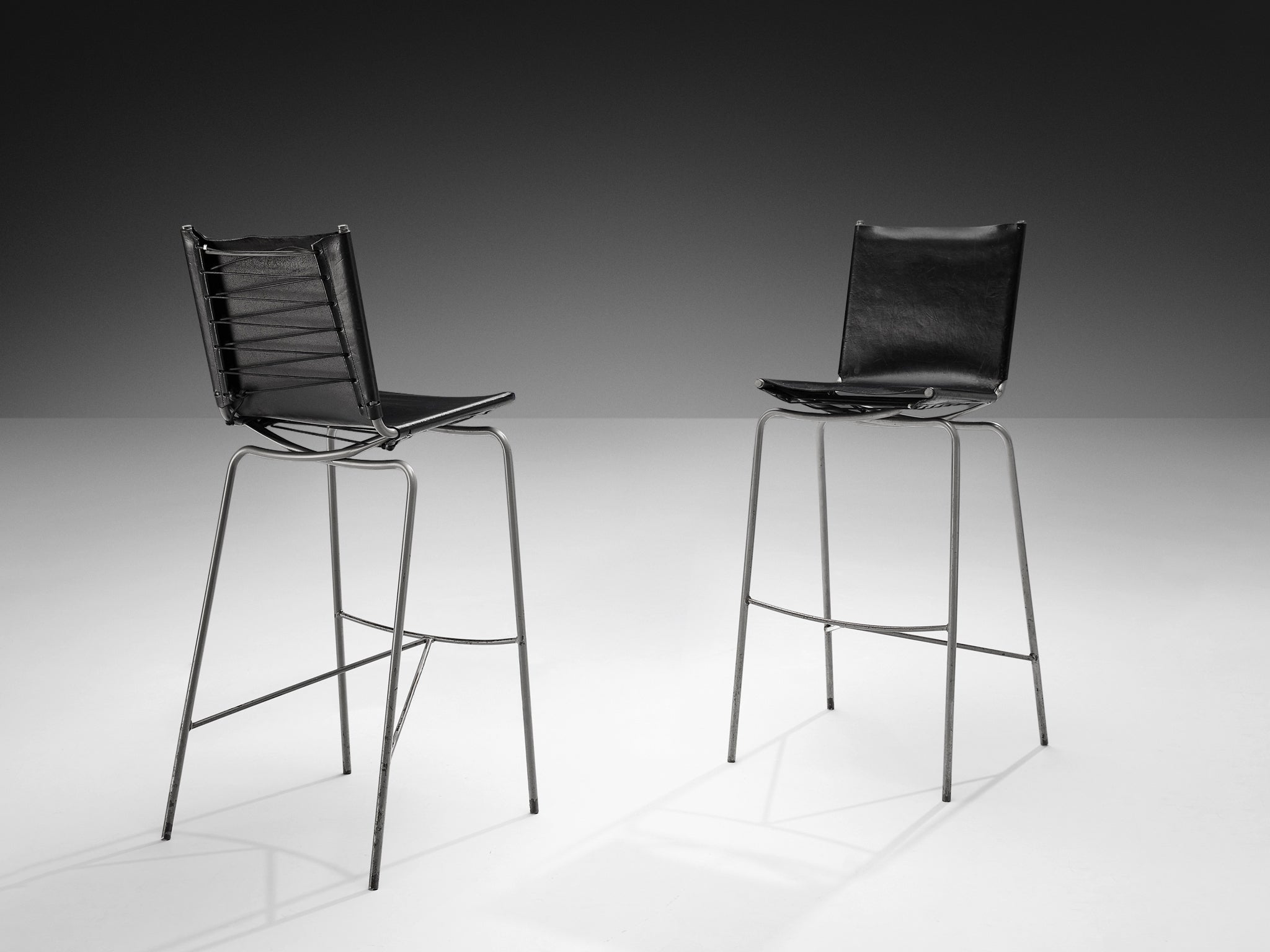Fabiaan Van Severen Pair of Bar Stools in Patinated Black Leather Seating Morentz