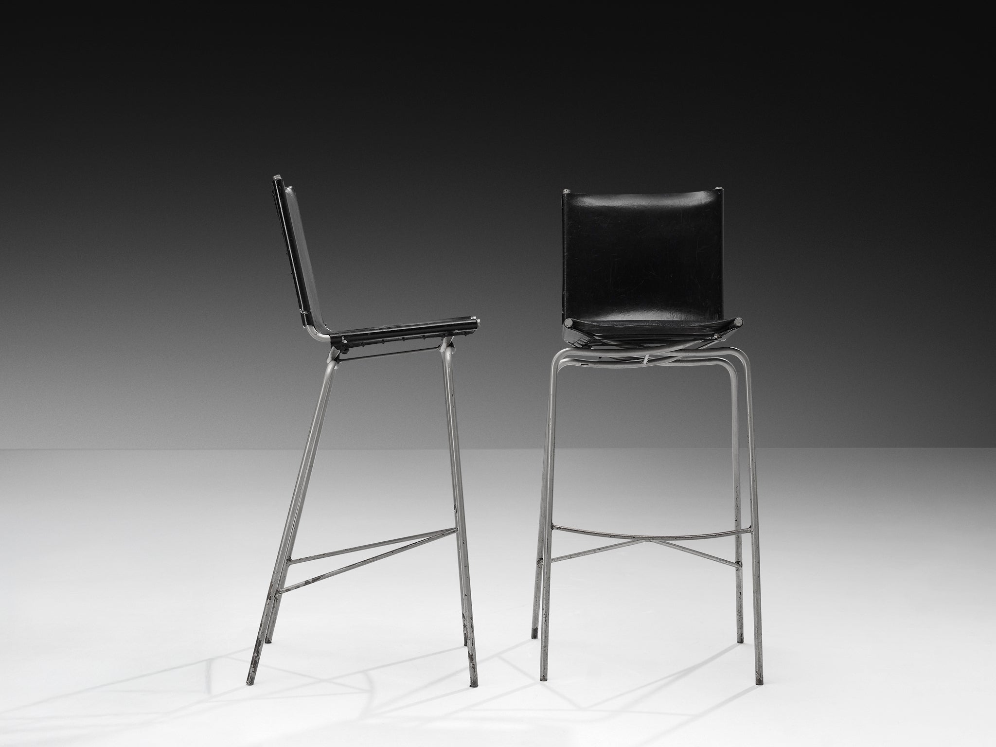 Fabiaan Van Severen Pair of Bar Stools in Patinated Black Leather Seating Morentz