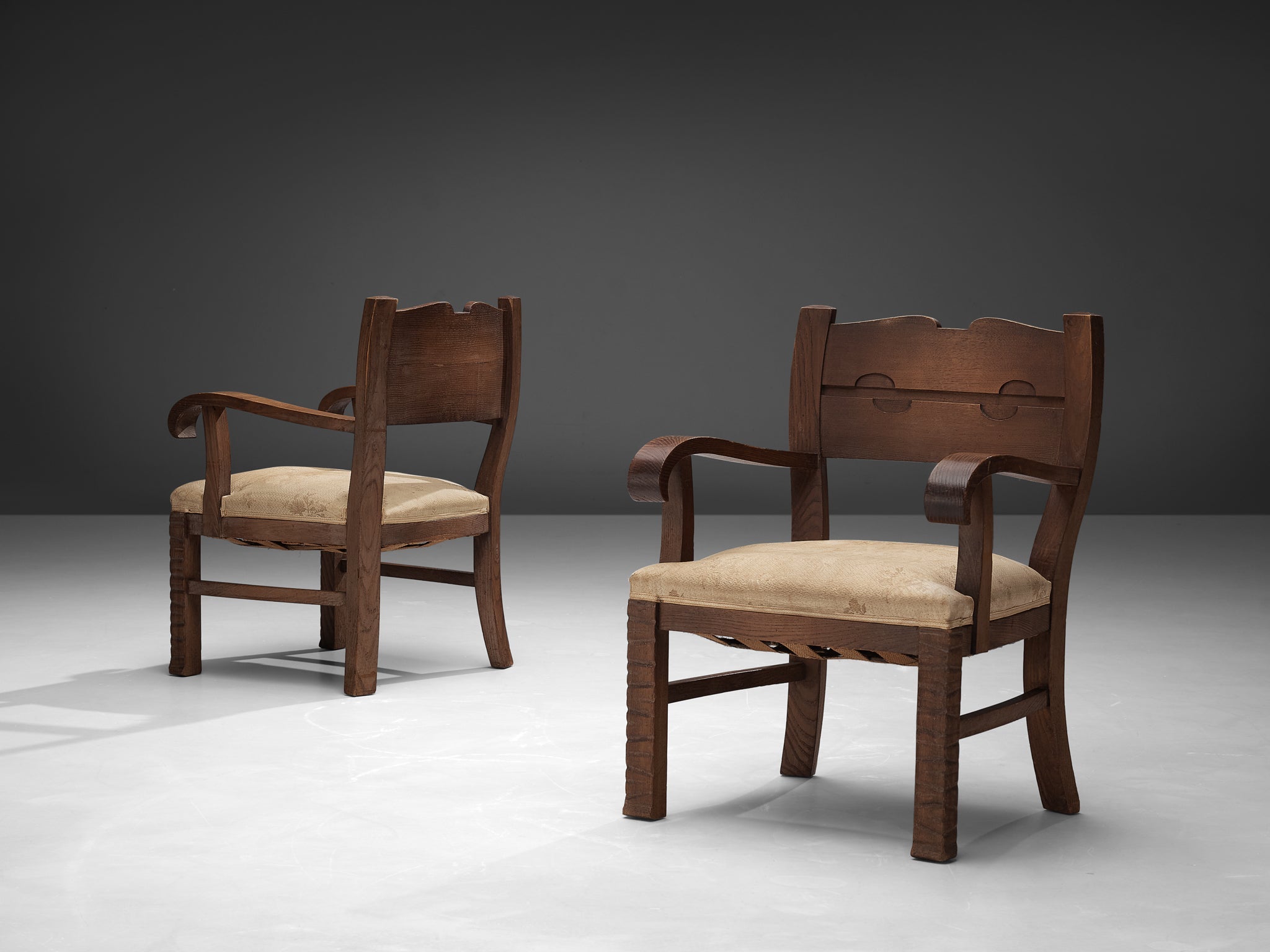 Ernesto Valabrega Pair of Rare Armchairs in Oak seating Morentz