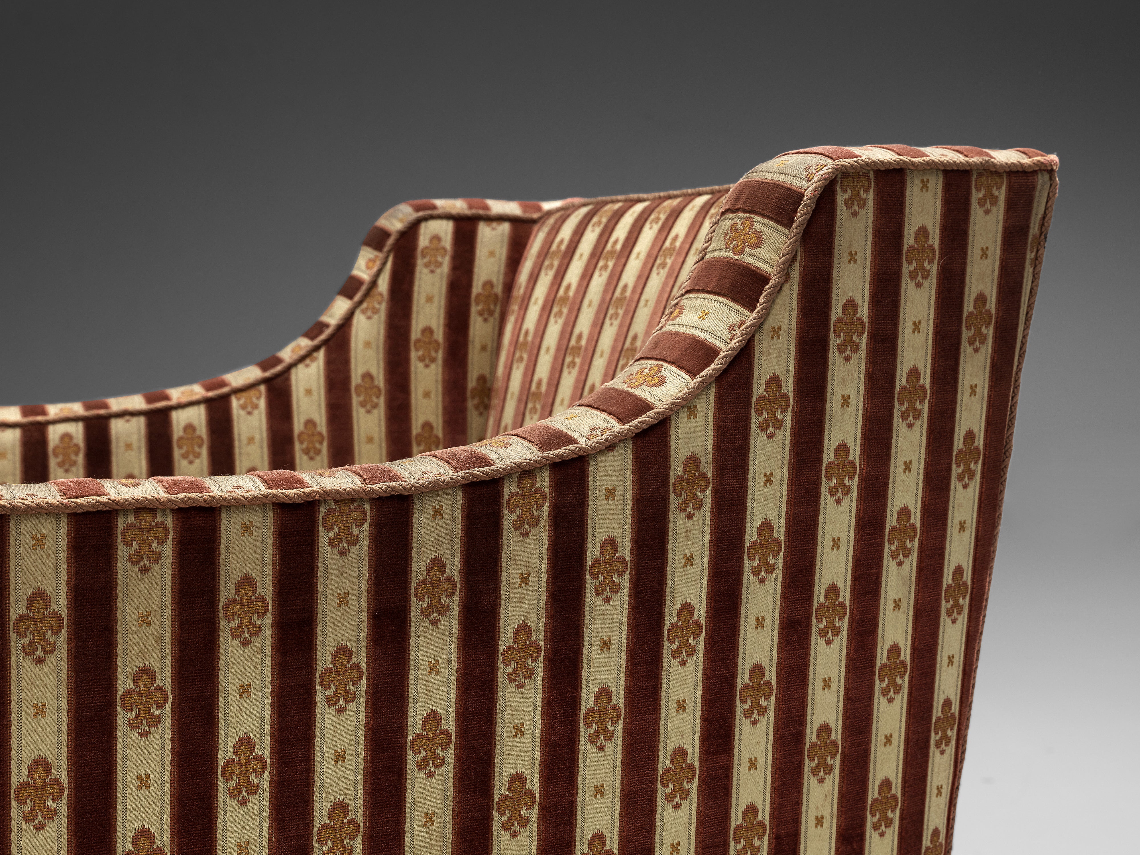 Art Deco Armchair in Red Striped Fleurs de Lis Patterned Upholstery Seating Morentz