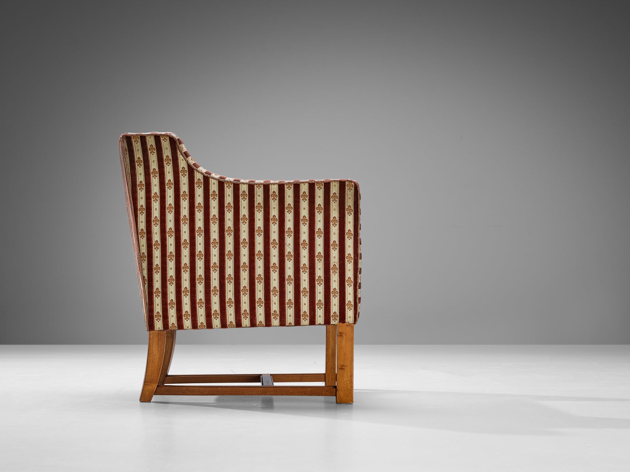 Art Deco Armchair in Red Striped Fleurs de Lis Patterned Upholstery Seating Morentz