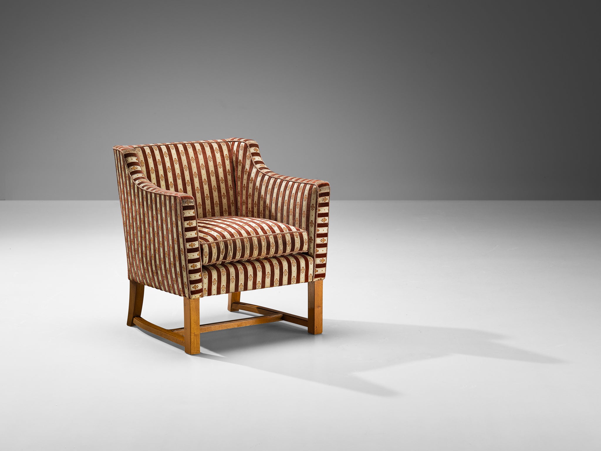 Art Deco Armchair in Red Striped Fleurs de Lis Patterned Upholstery Seating Morentz
