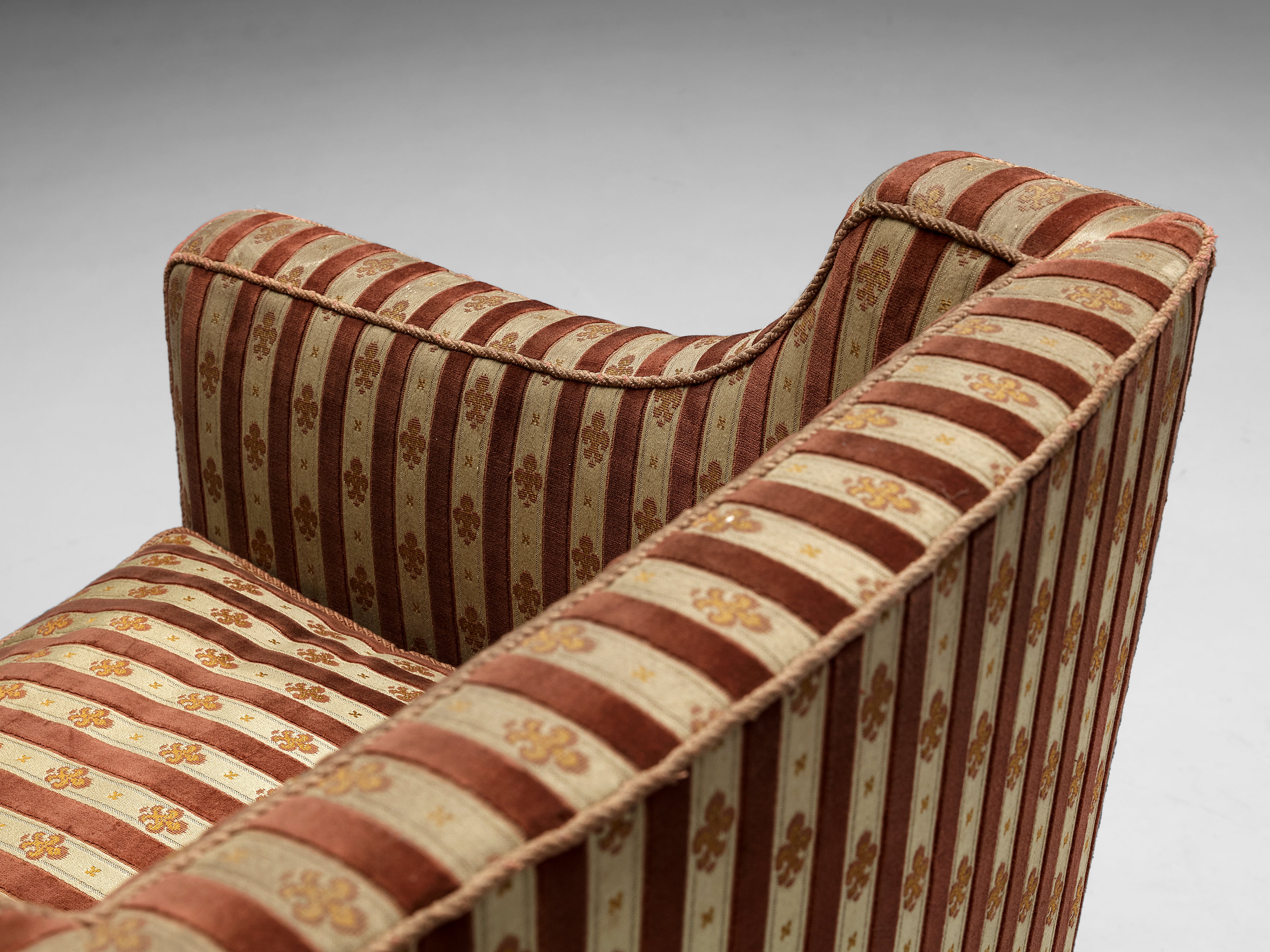 Art Deco Armchair in Red Striped Fleurs de Lis Patterned Upholstery Seating Morentz