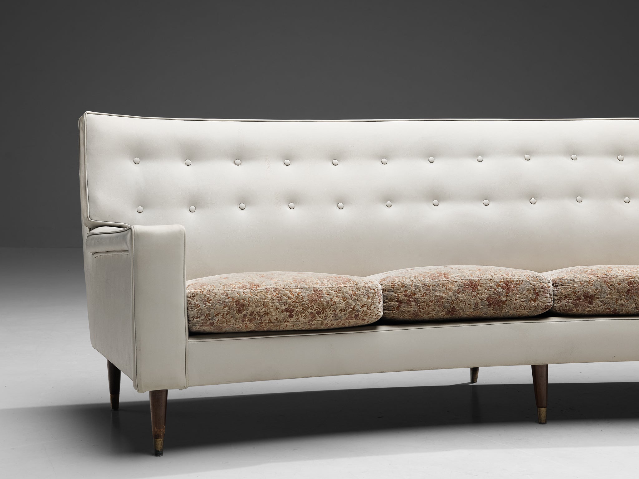 Elegant Italian Sofa in White Leatherette and Floral Upholstery seating Morentz